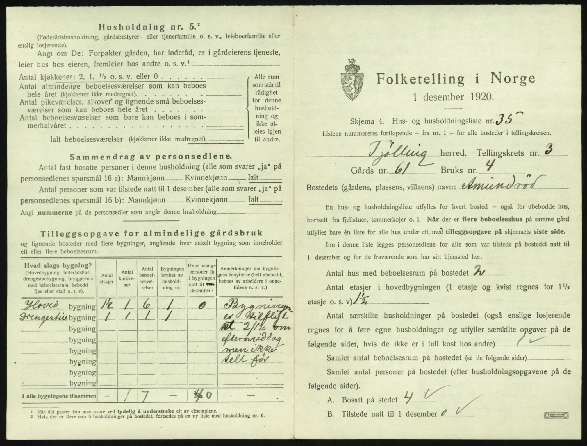 SAKO, 1920 census for Tjølling, 1920, p. 1035