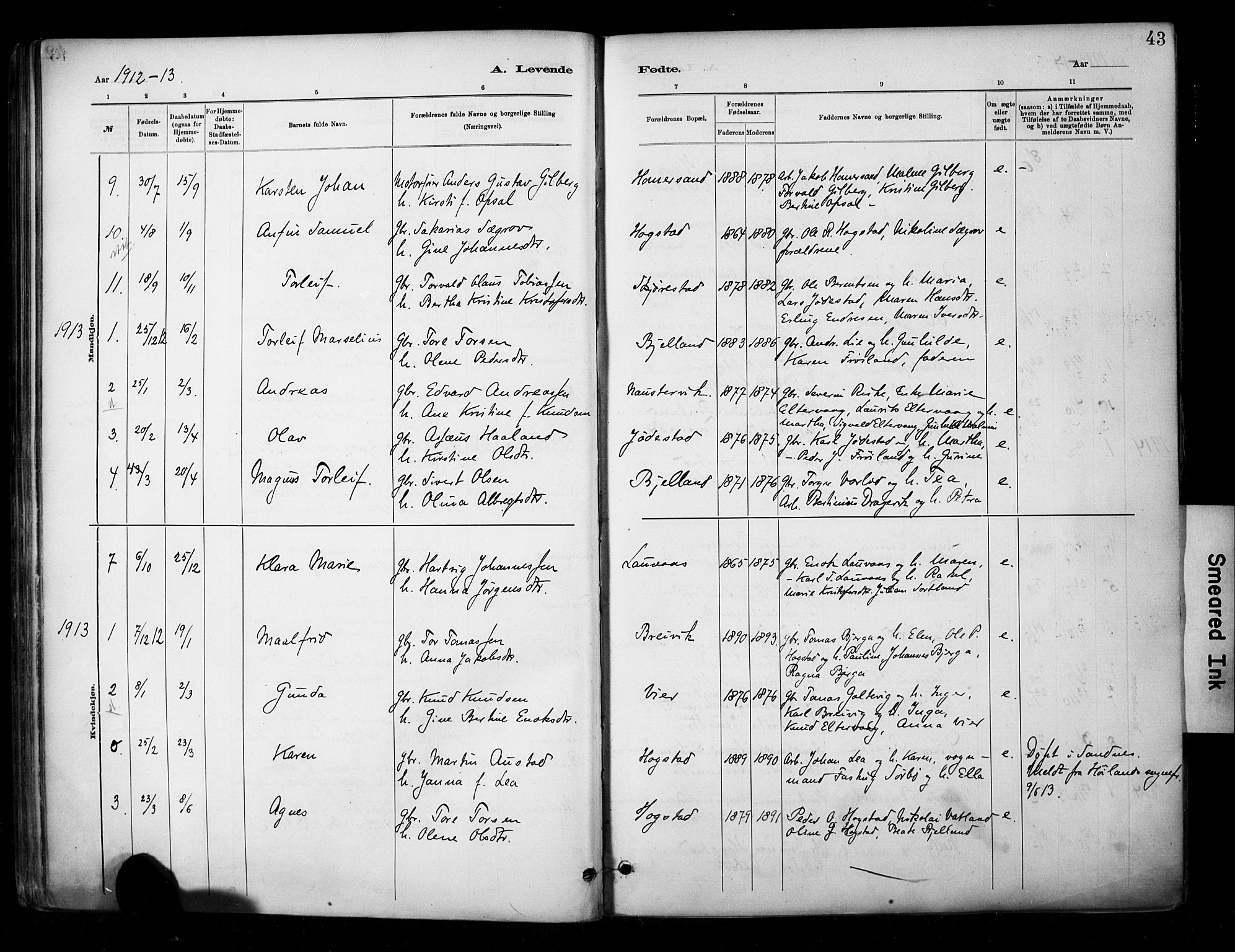Hetland sokneprestkontor, SAST/A-101826/30/30BA/L0010: Parish register (official) no. A 10, 1882-1925, p. 43