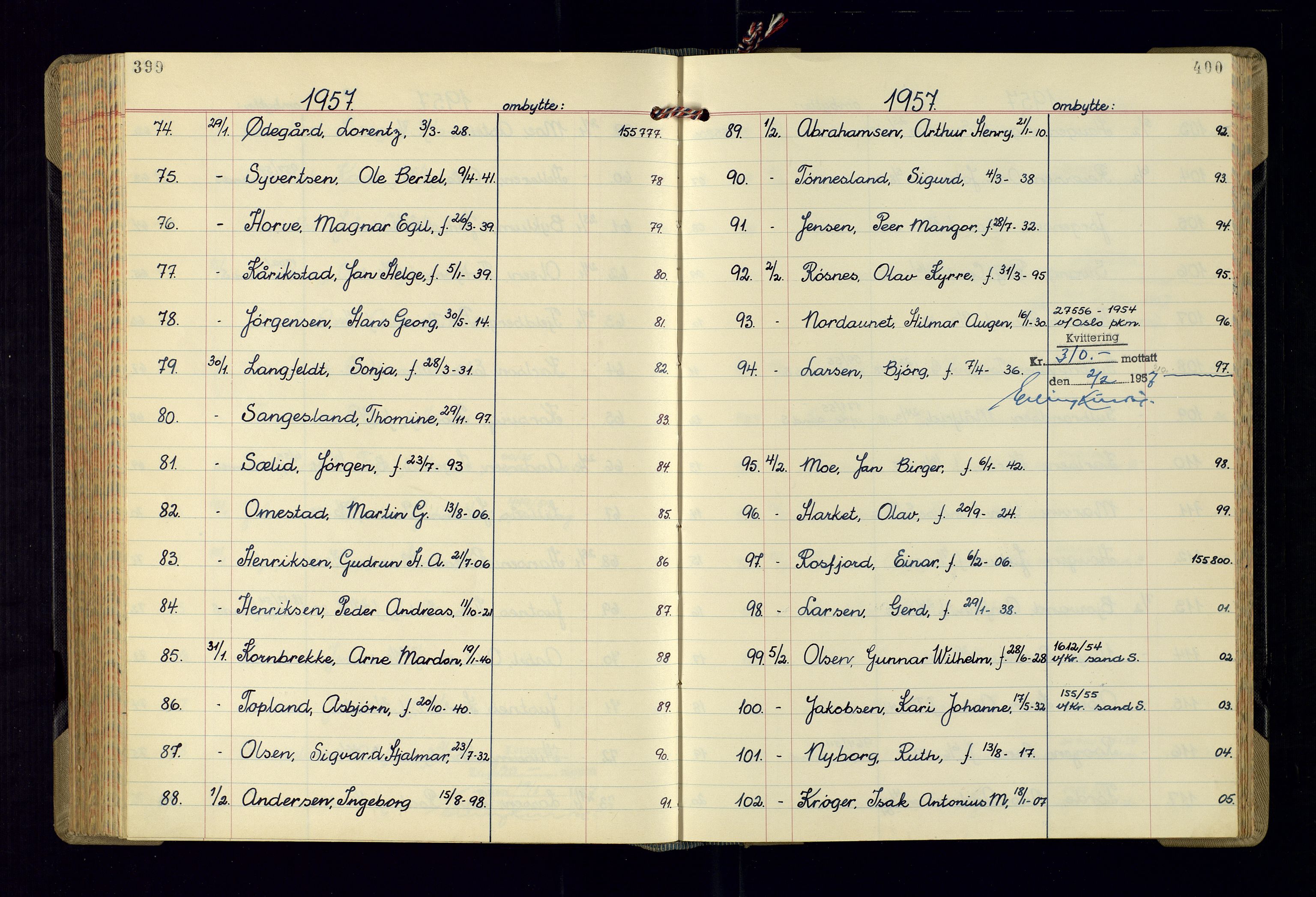 Kristiansand politikammer - 2, AV/SAK-1243-0009/K/Ka/Kaa/L0613: Passprotokoll, liste med løpenumre, 1954-1958, p. 399-400