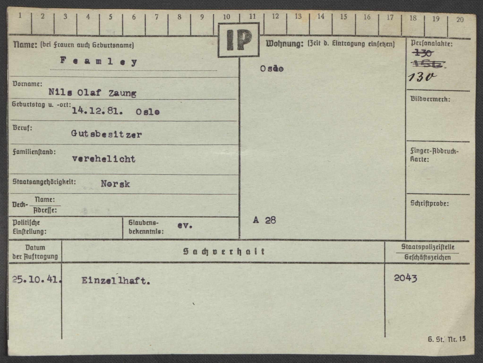 Befehlshaber der Sicherheitspolizei und des SD, RA/RAFA-5969/E/Ea/Eaa/L0003: Register over norske fanger i Møllergata 19: Eng-Hag, 1940-1945, p. 270