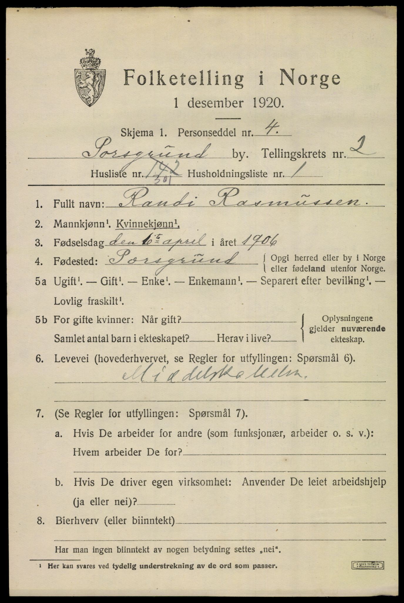 SAKO, 1920 census for Porsgrunn, 1920, p. 14441