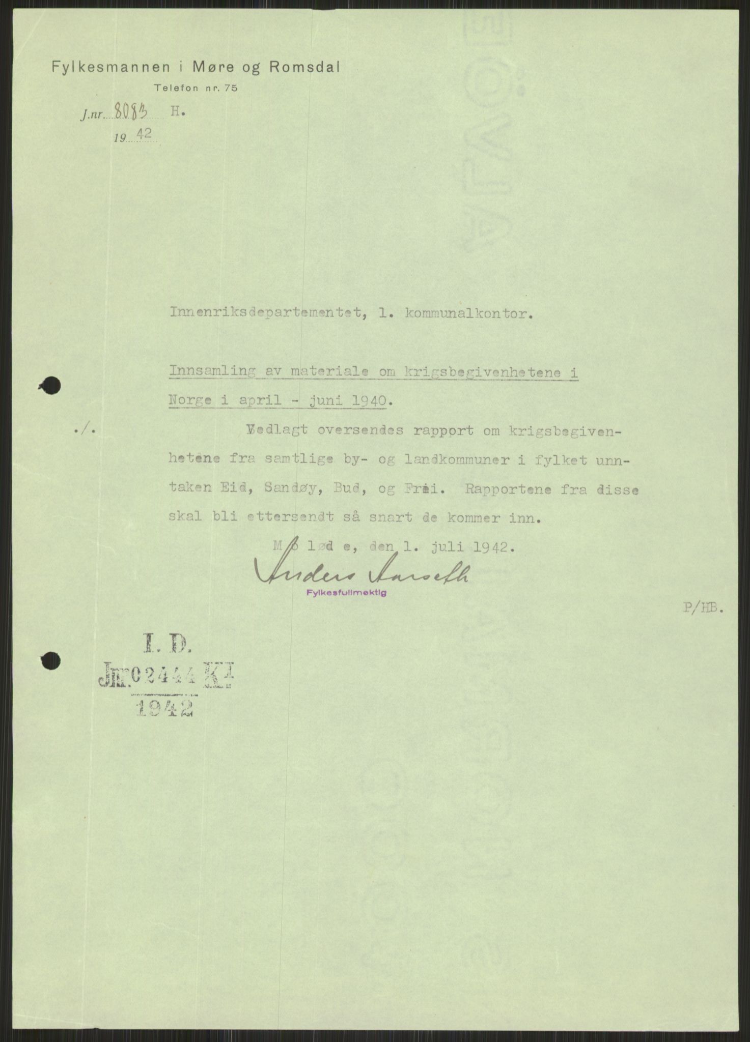 Forsvaret, Forsvarets krigshistoriske avdeling, AV/RA-RAFA-2017/Y/Ya/L0015: II-C-11-31 - Fylkesmenn.  Rapporter om krigsbegivenhetene 1940., 1940, p. 583