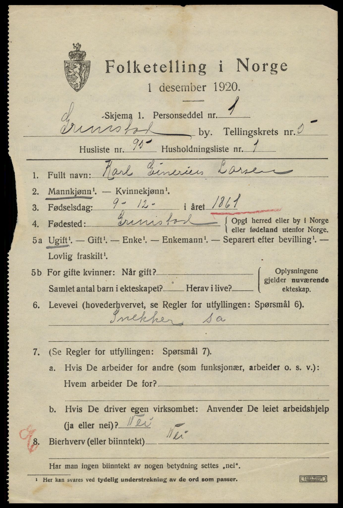 SAK, 1920 census for Grimstad, 1920, p. 7283