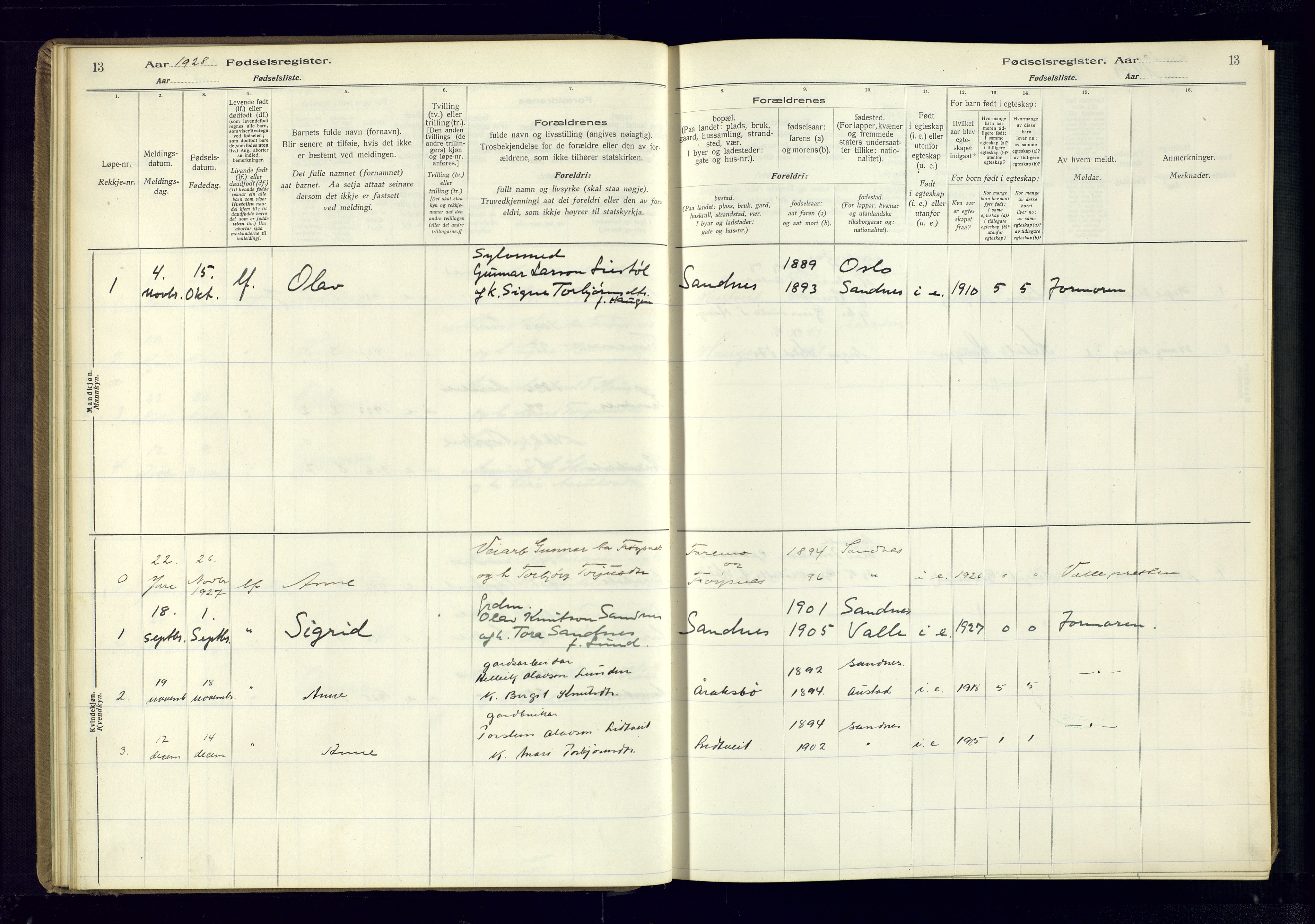 Bygland sokneprestkontor, AV/SAK-1111-0006/J/Ja/L0003: Birth register no. II.4.4, 1916-1980, p. 13