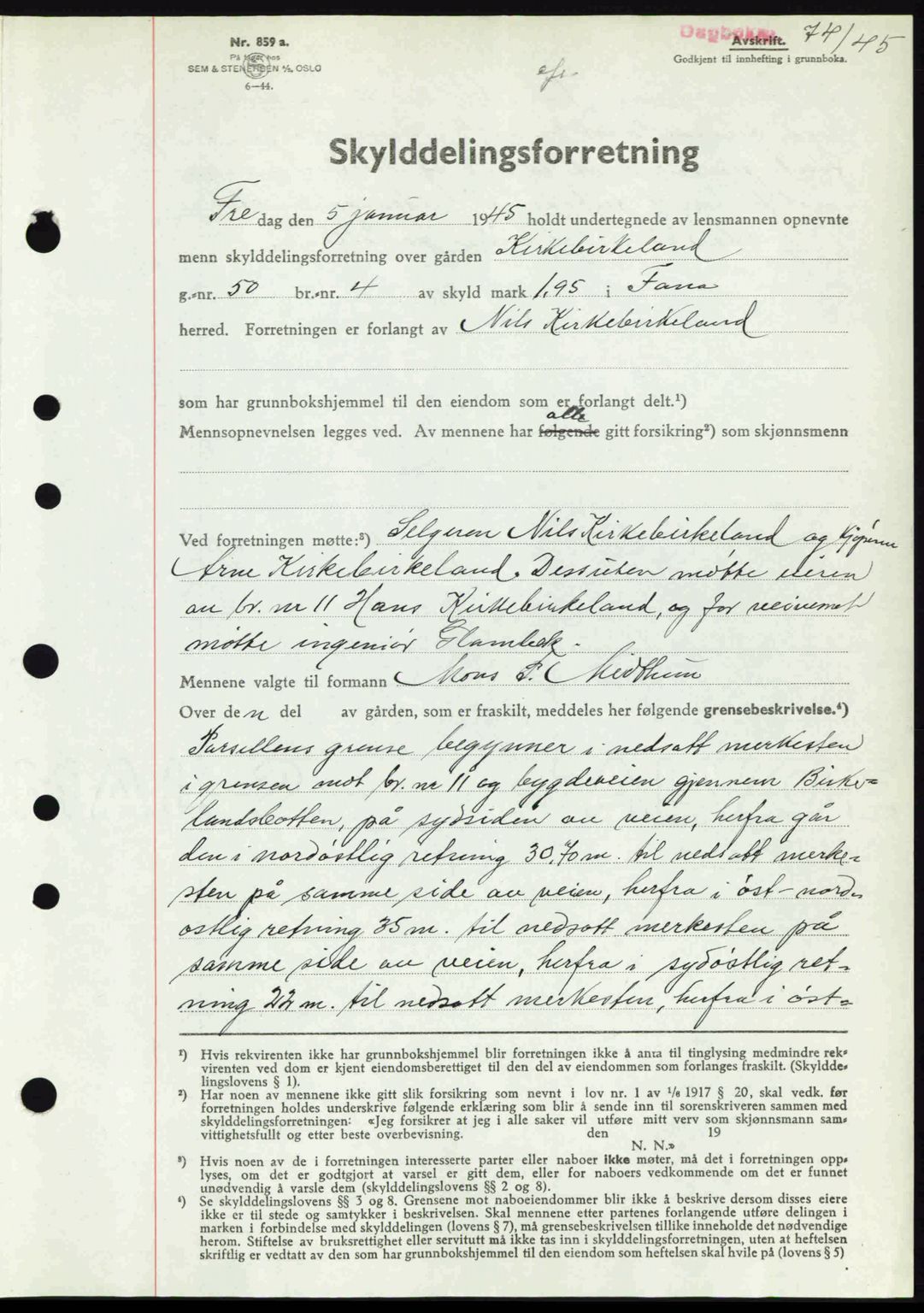 Midhordland sorenskriveri, SAB/A-3001/1/G/Gb/Gbj/L0019: Mortgage book no. A37-38, 1944-1945, Diary no: : 74/1945