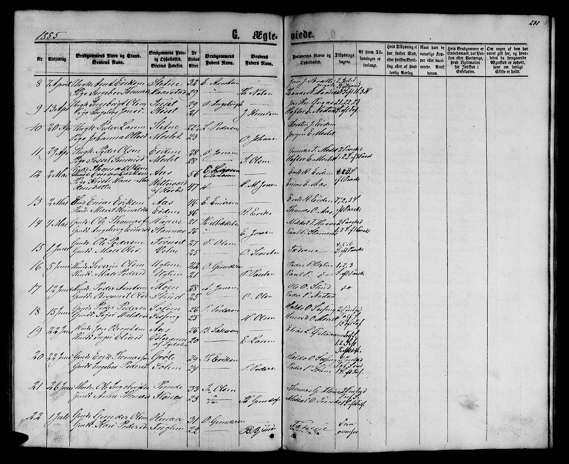 Ministerialprotokoller, klokkerbøker og fødselsregistre - Sør-Trøndelag, AV/SAT-A-1456/695/L1156: Parish register (copy) no. 695C07, 1869-1888, p. 281