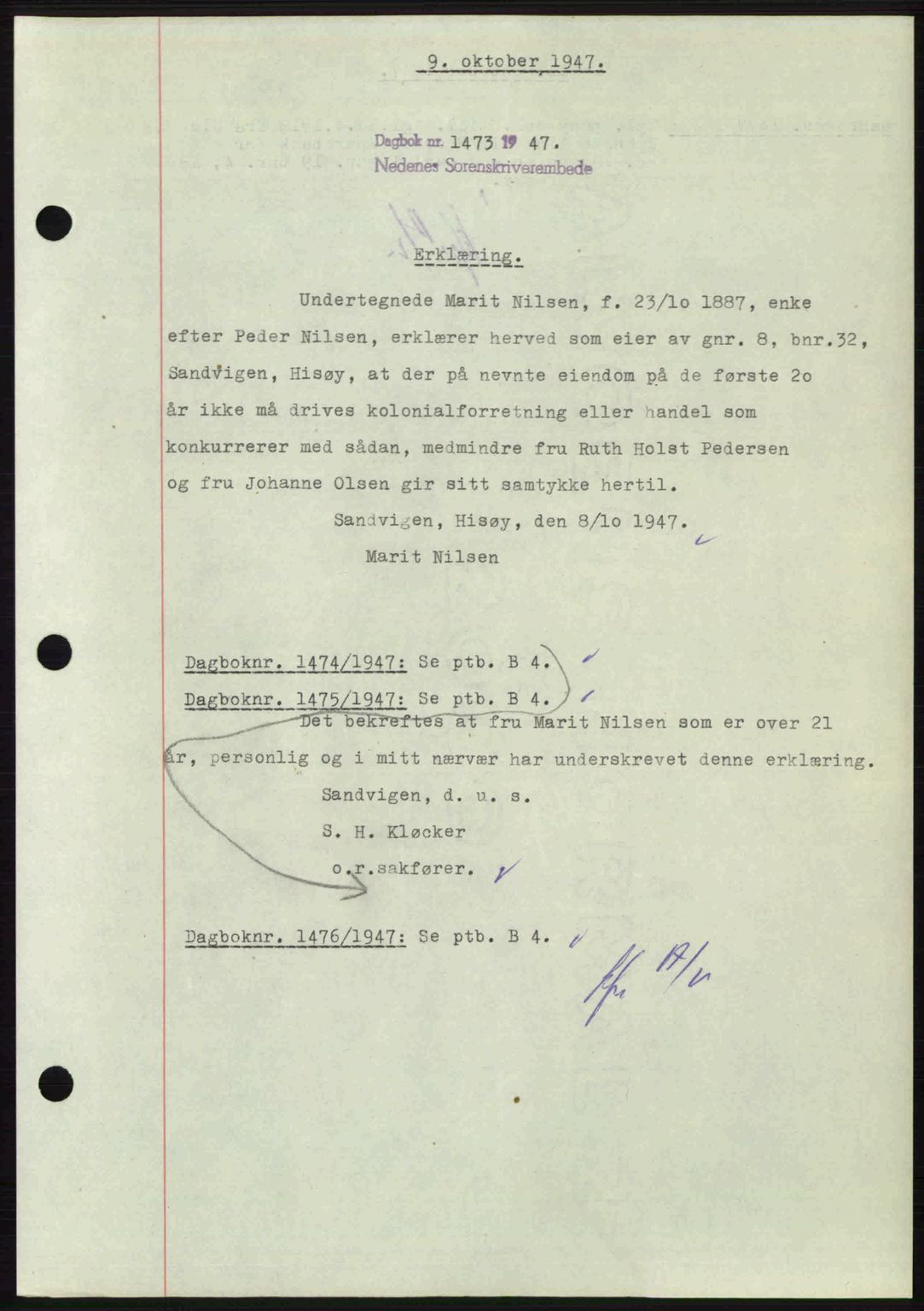 Nedenes sorenskriveri, AV/SAK-1221-0006/G/Gb/Gba/L0058: Mortgage book no. A10, 1947-1948, Diary no: : 1473/1947