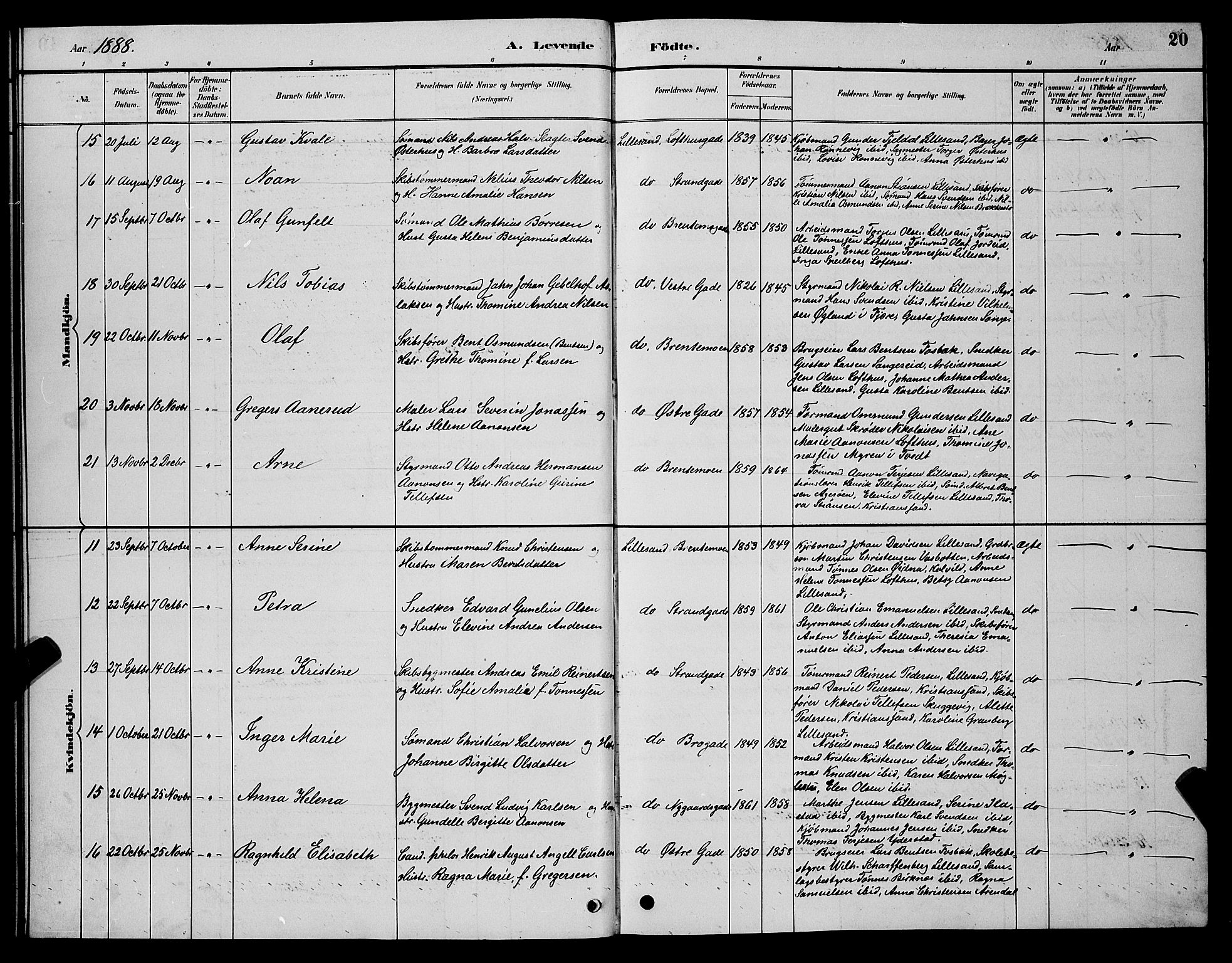 Vestre Moland sokneprestkontor, AV/SAK-1111-0046/F/Fb/Fba/L0001: Parish register (copy) no. B 1, 1884-1903, p. 20