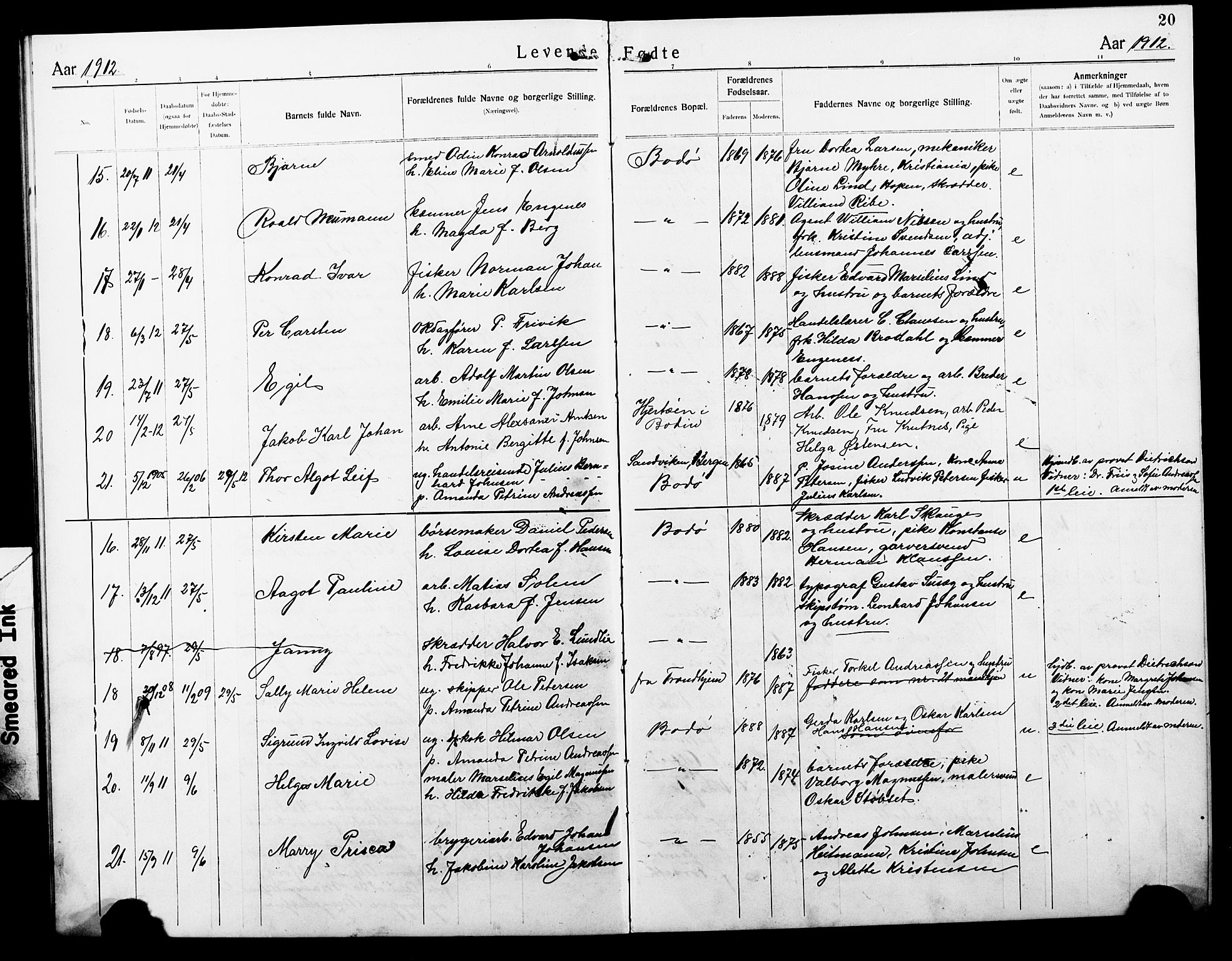 Ministerialprotokoller, klokkerbøker og fødselsregistre - Nordland, AV/SAT-A-1459/801/L0034: Parish register (copy) no. 801C09, 1910-1922, p. 20