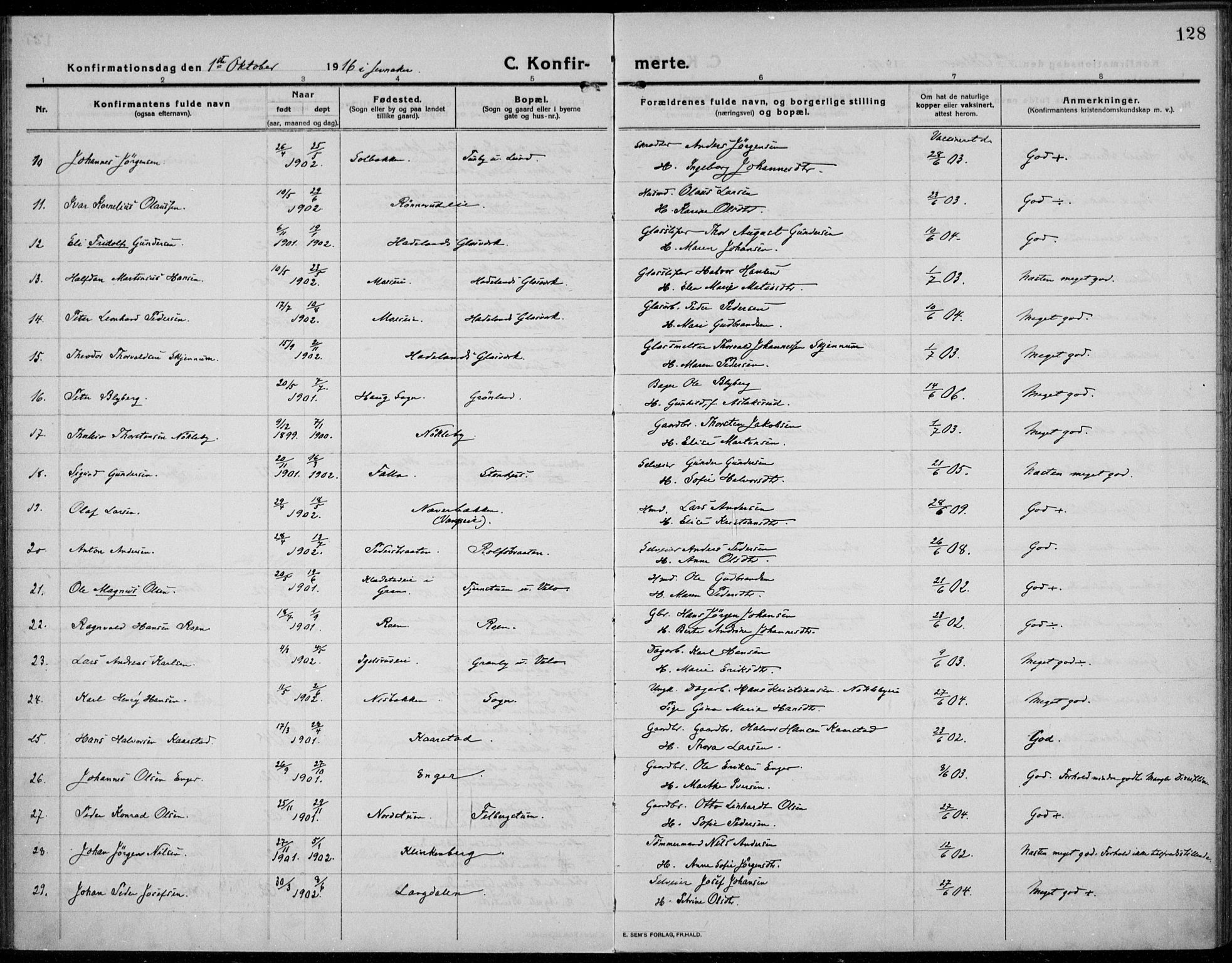 Jevnaker prestekontor, SAH/PREST-116/H/Ha/Haa/L0012: Parish register (official) no. 12, 1914-1924, p. 128
