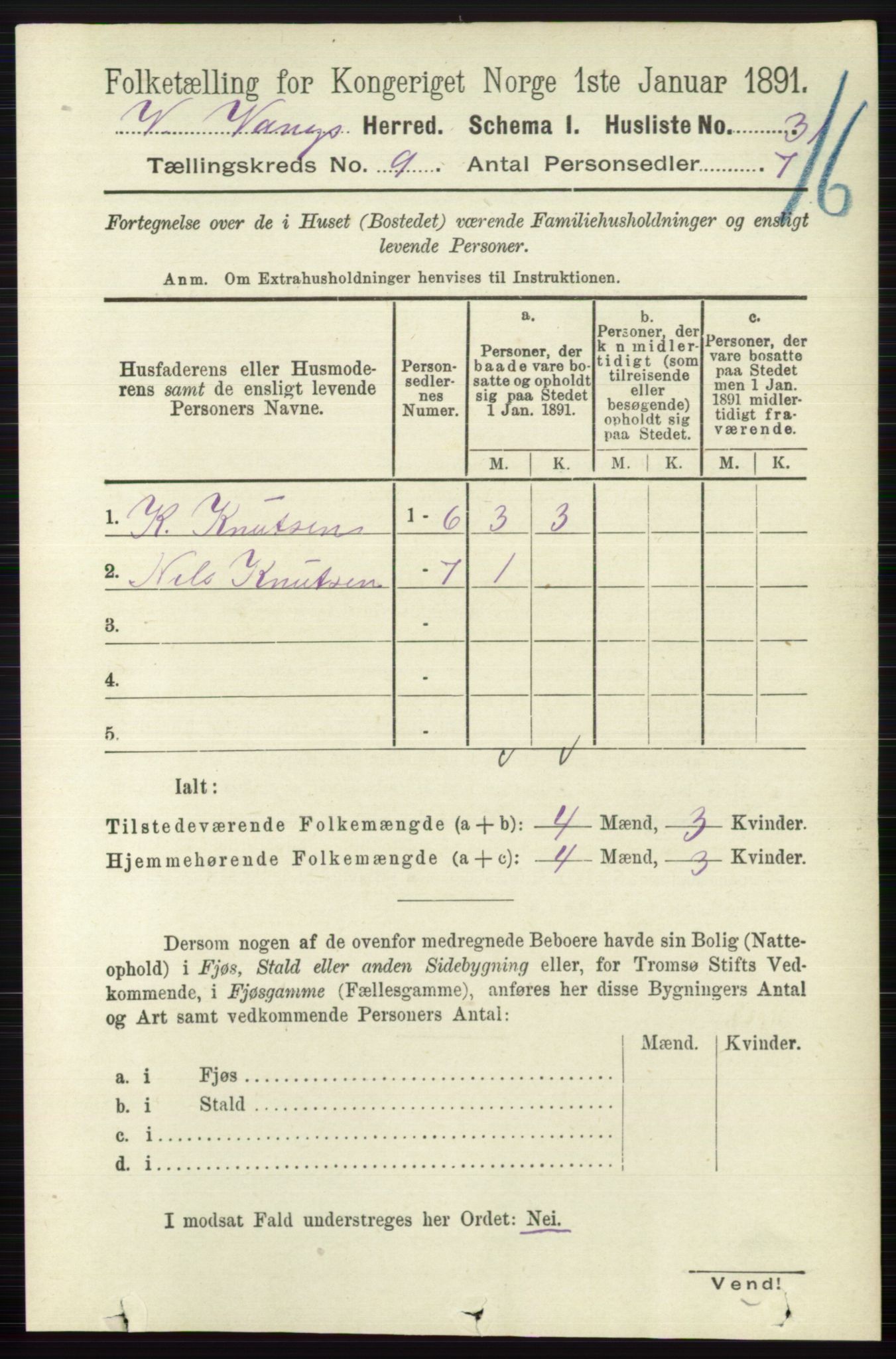 RA, 1891 census for 0545 Vang, 1891, p. 1954