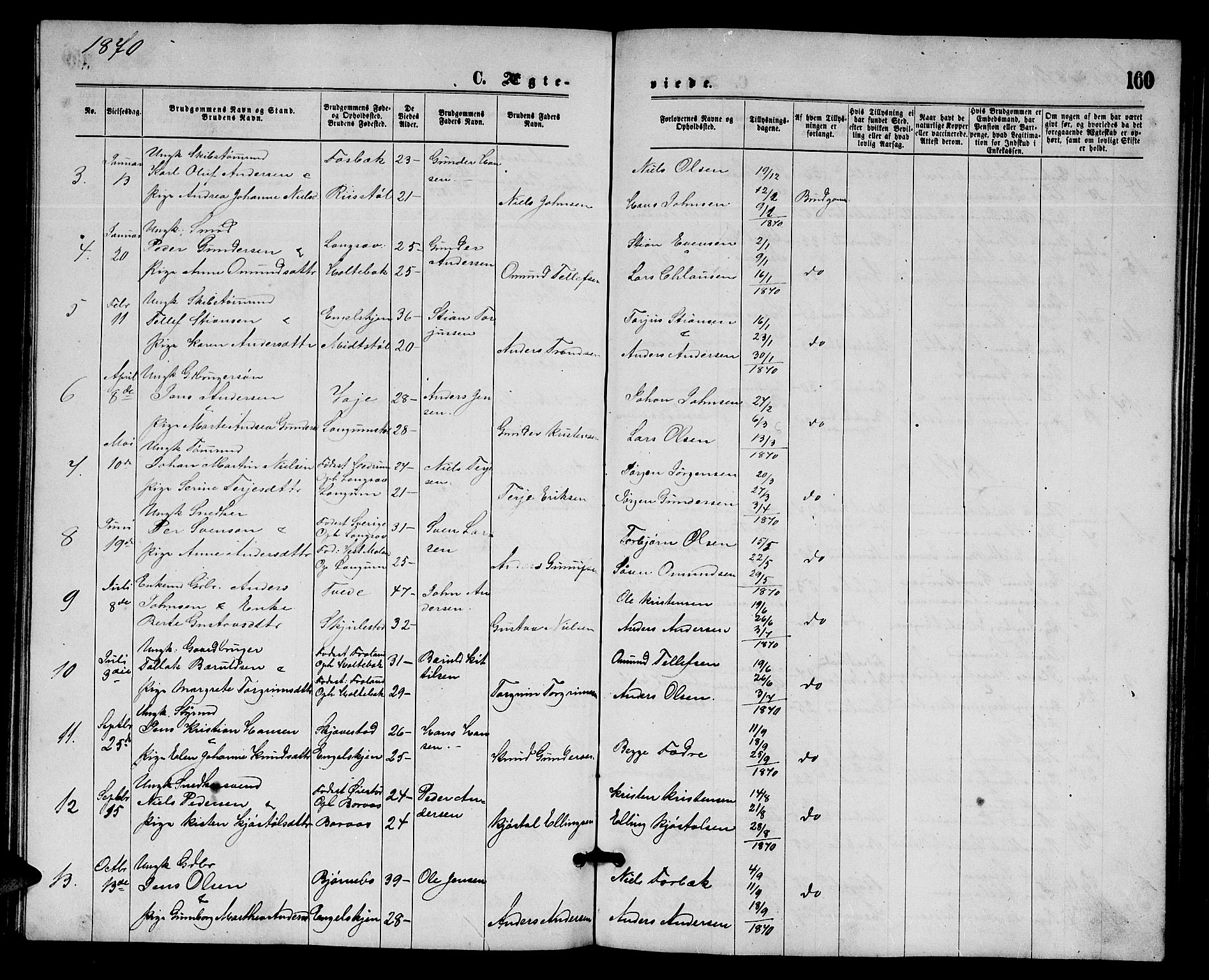 Austre Moland sokneprestkontor, SAK/1111-0001/F/Fb/Fba/L0002: Parish register (copy) no. B 2, 1869-1879, p. 160