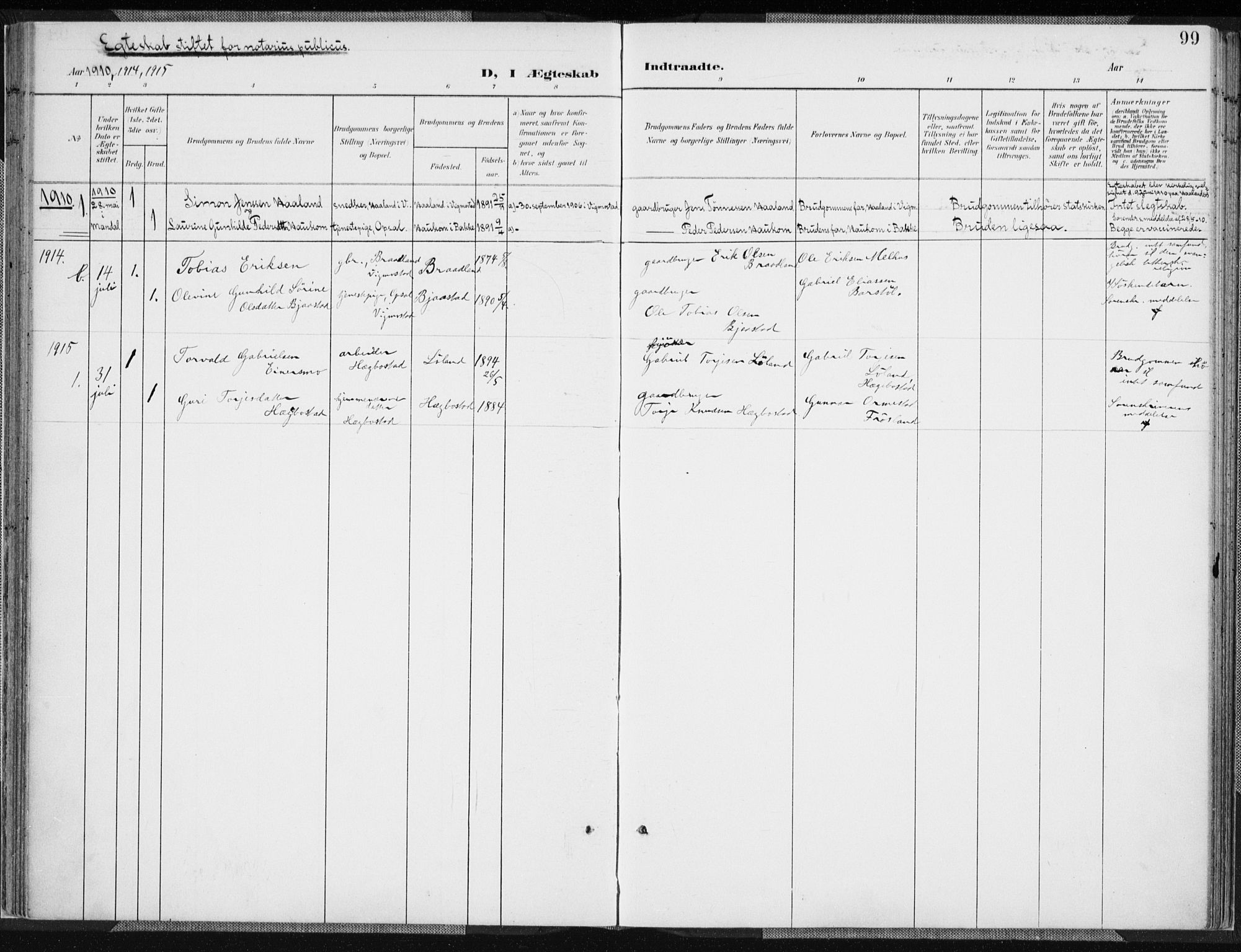 Nord-Audnedal sokneprestkontor, SAK/1111-0032/F/Fa/Fab/L0004: Parish register (official) no. A 4, 1901-1917, p. 99