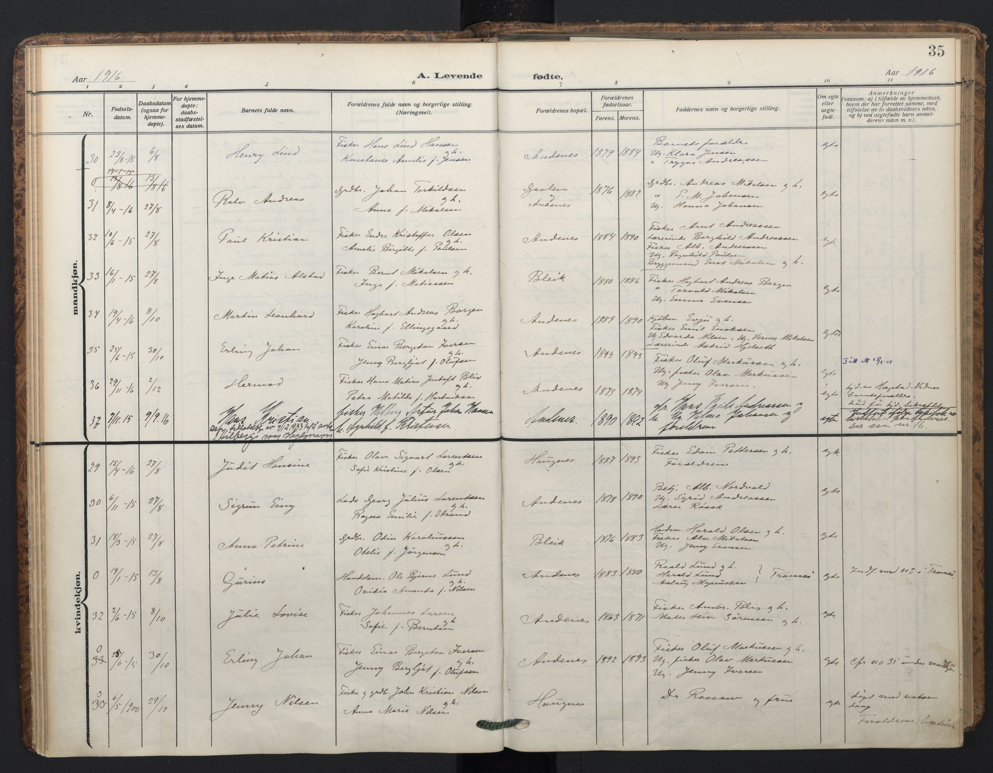 Ministerialprotokoller, klokkerbøker og fødselsregistre - Nordland, AV/SAT-A-1459/899/L1438: Parish register (official) no. 899A06, 1909-1922, p. 35