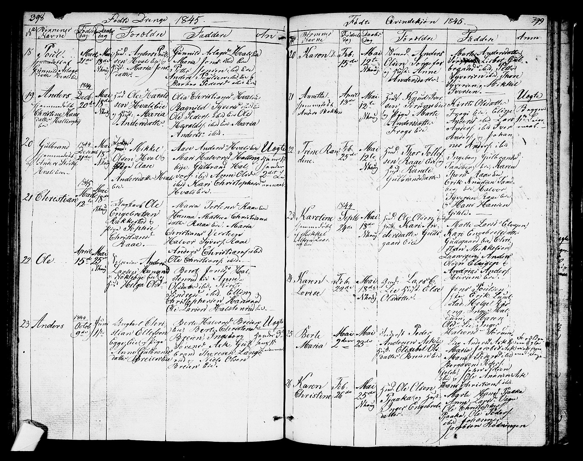 Norderhov kirkebøker, SAKO/A-237/G/Ga/L0004: Parish register (copy) no. I 4, 1824-1849, p. 398-399