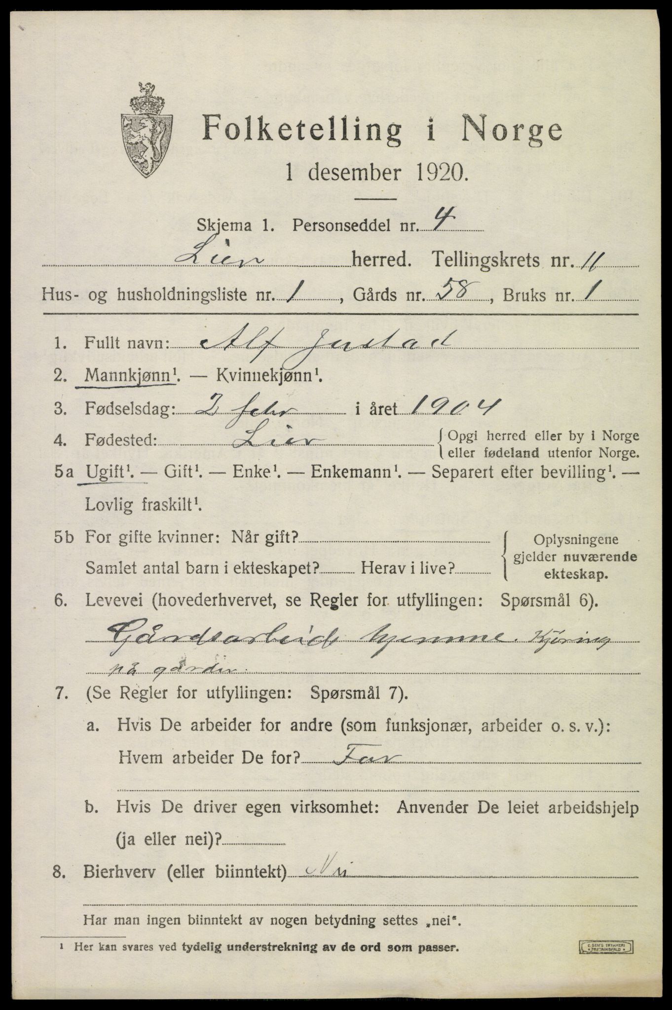 SAKO, 1920 census for Lier, 1920, p. 16154