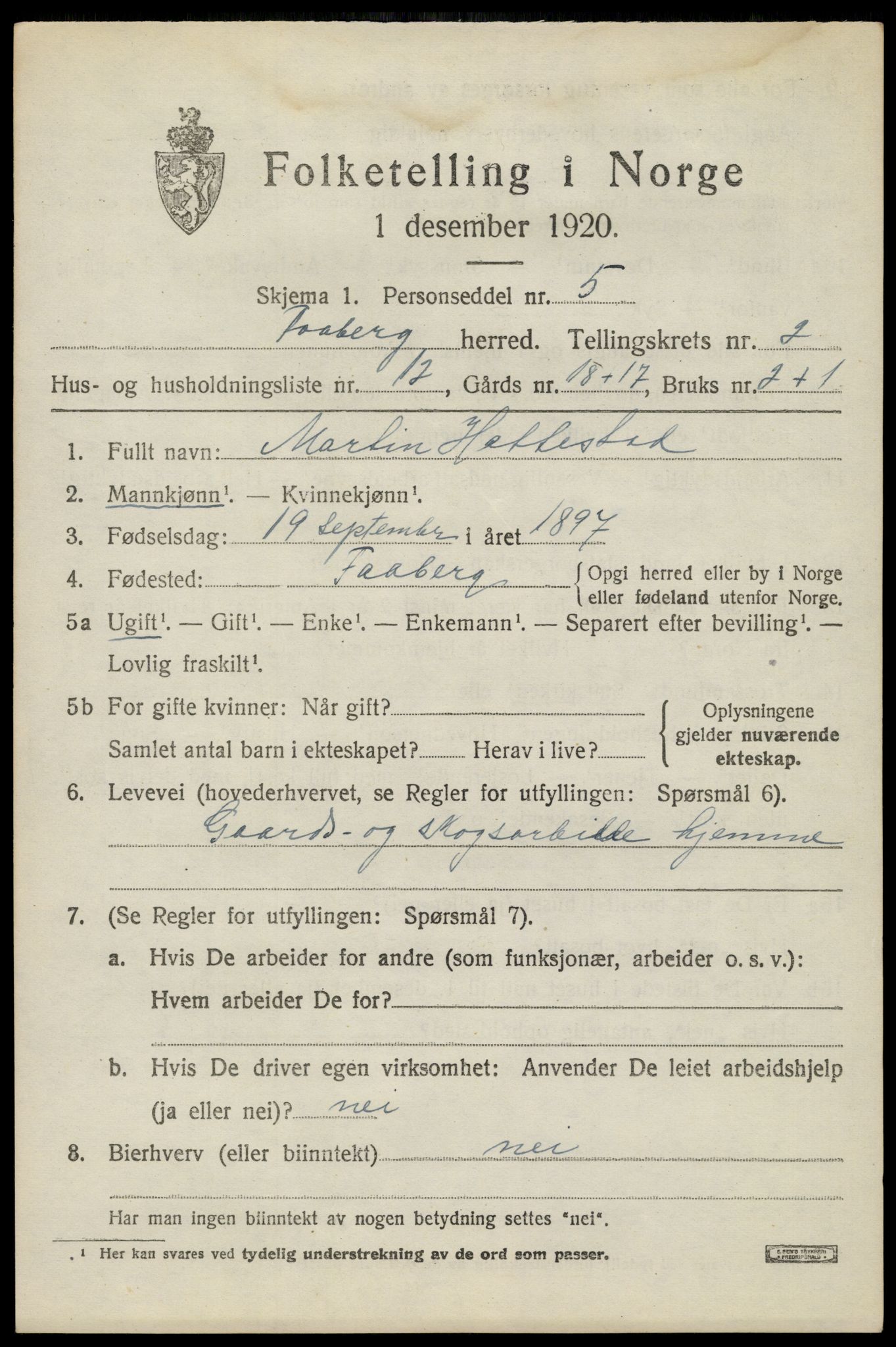 SAH, 1920 census for Fåberg, 1920, p. 3382