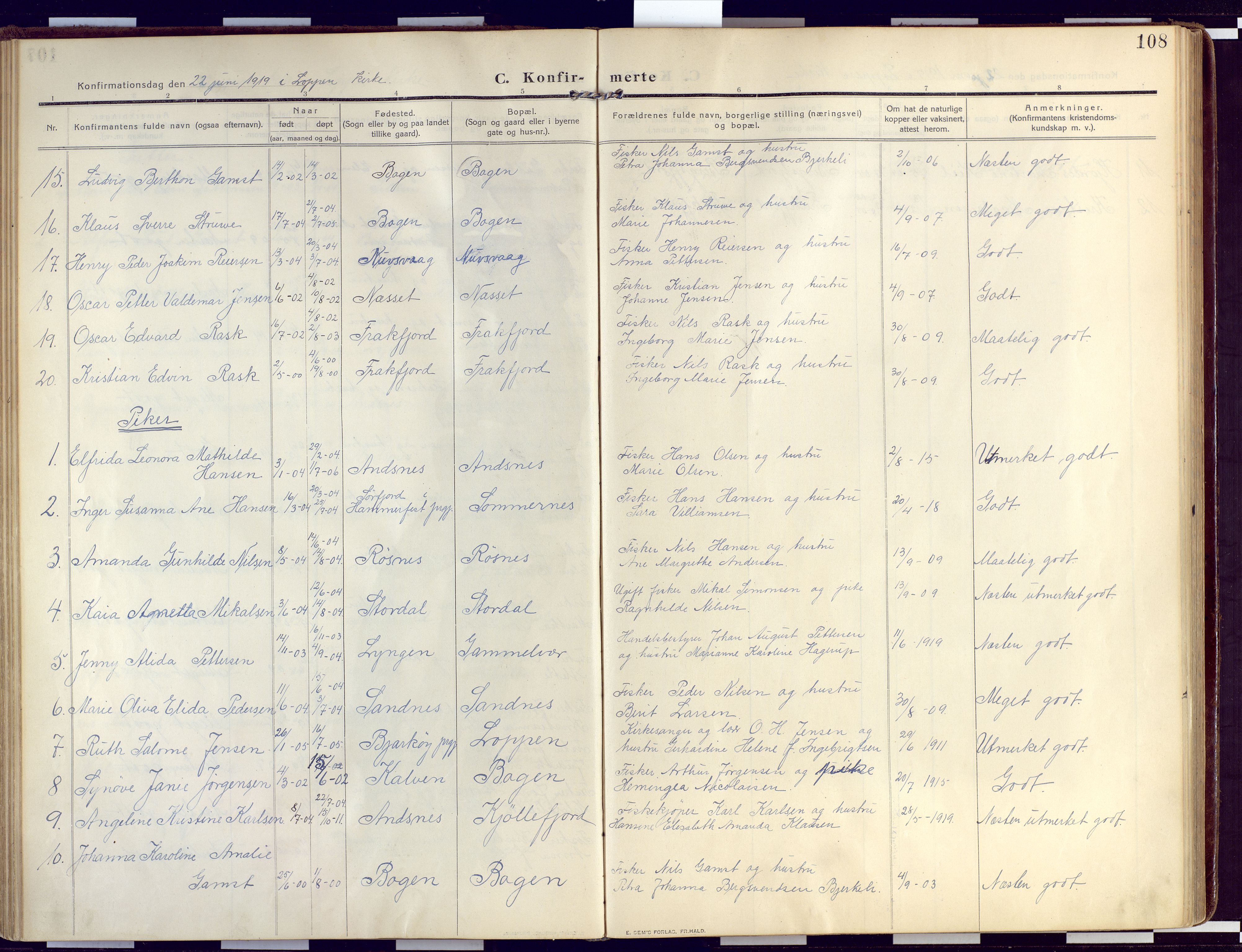 Loppa sokneprestkontor, SATØ/S-1339/H/Ha/L0011kirke: Parish register (official) no. 11, 1909-1919, p. 108