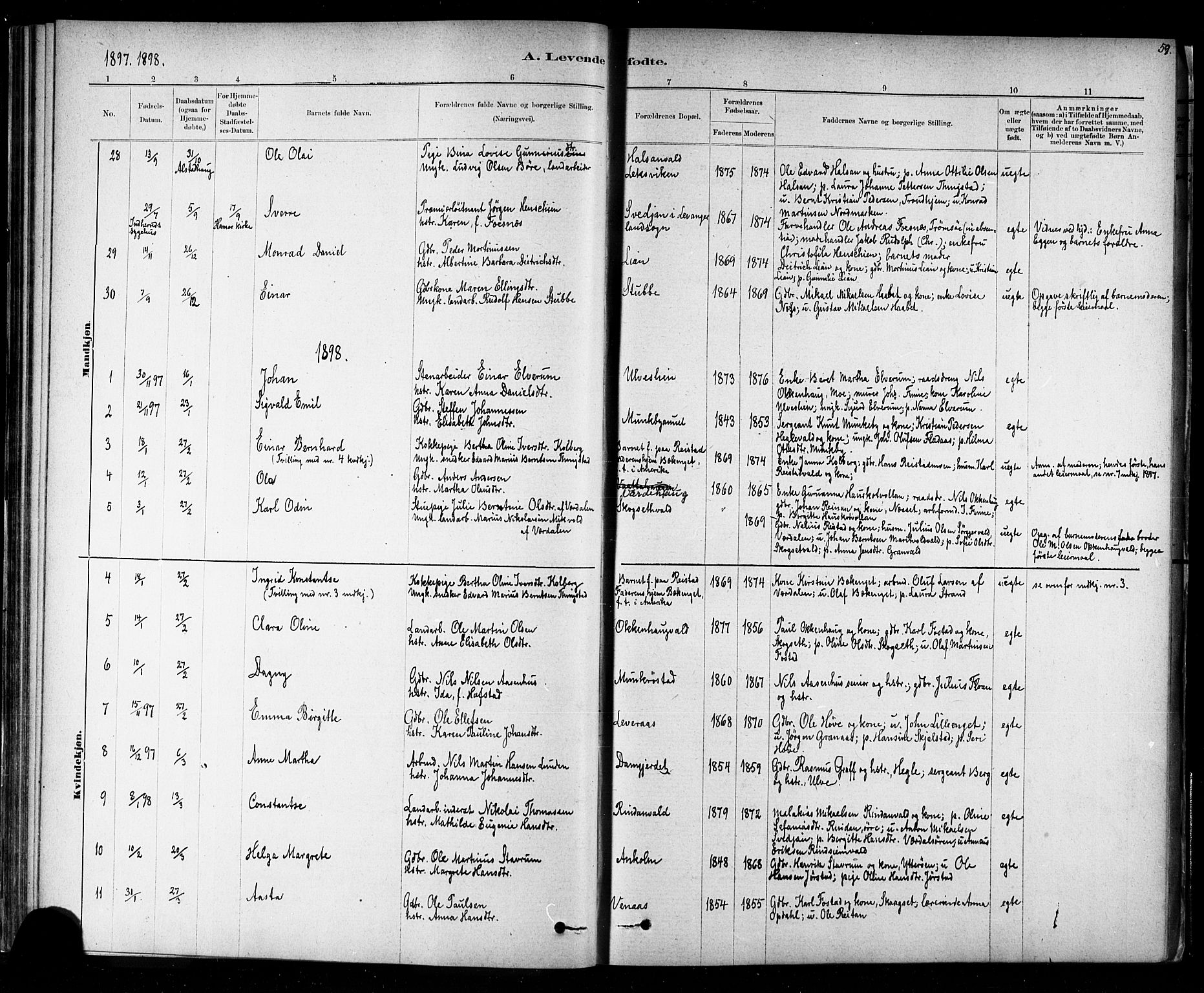 Ministerialprotokoller, klokkerbøker og fødselsregistre - Nord-Trøndelag, AV/SAT-A-1458/721/L0208: Parish register (copy) no. 721C01, 1880-1917, p. 59