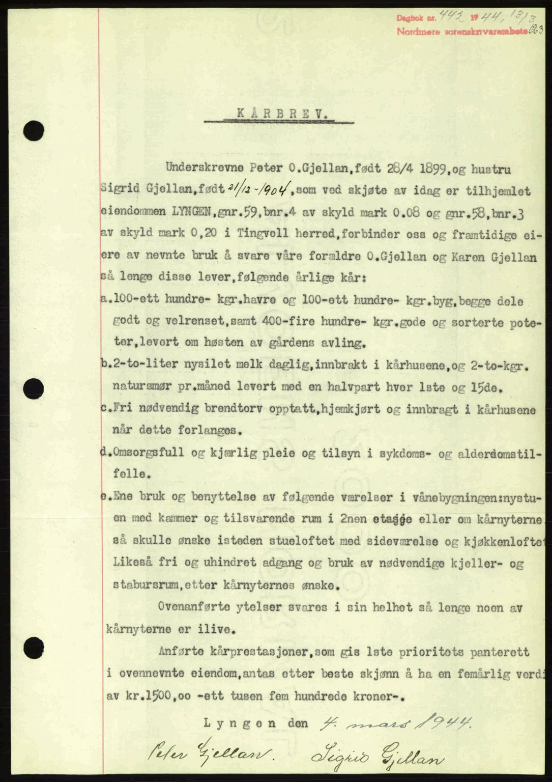 Nordmøre sorenskriveri, AV/SAT-A-4132/1/2/2Ca: Mortgage book no. B91, 1943-1944, Diary no: : 442/1944