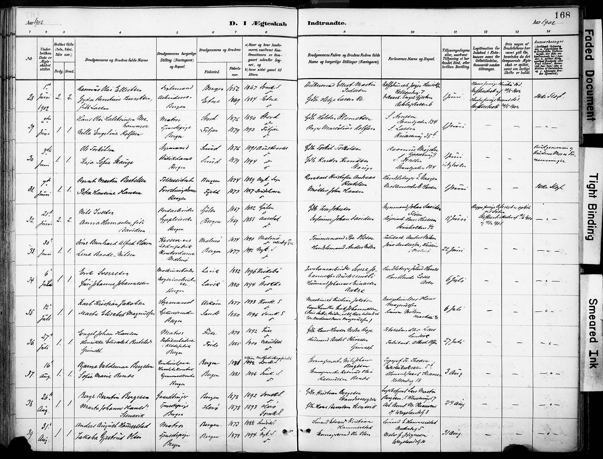 Domkirken sokneprestembete, AV/SAB-A-74801/H/Haa/L0037: Parish register (official) no. D 4, 1880-1907, p. 168