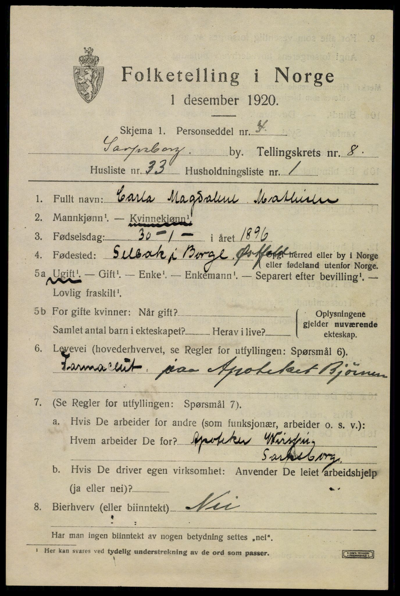 SAO, 1920 census for Sarpsborg, 1920, p. 17806