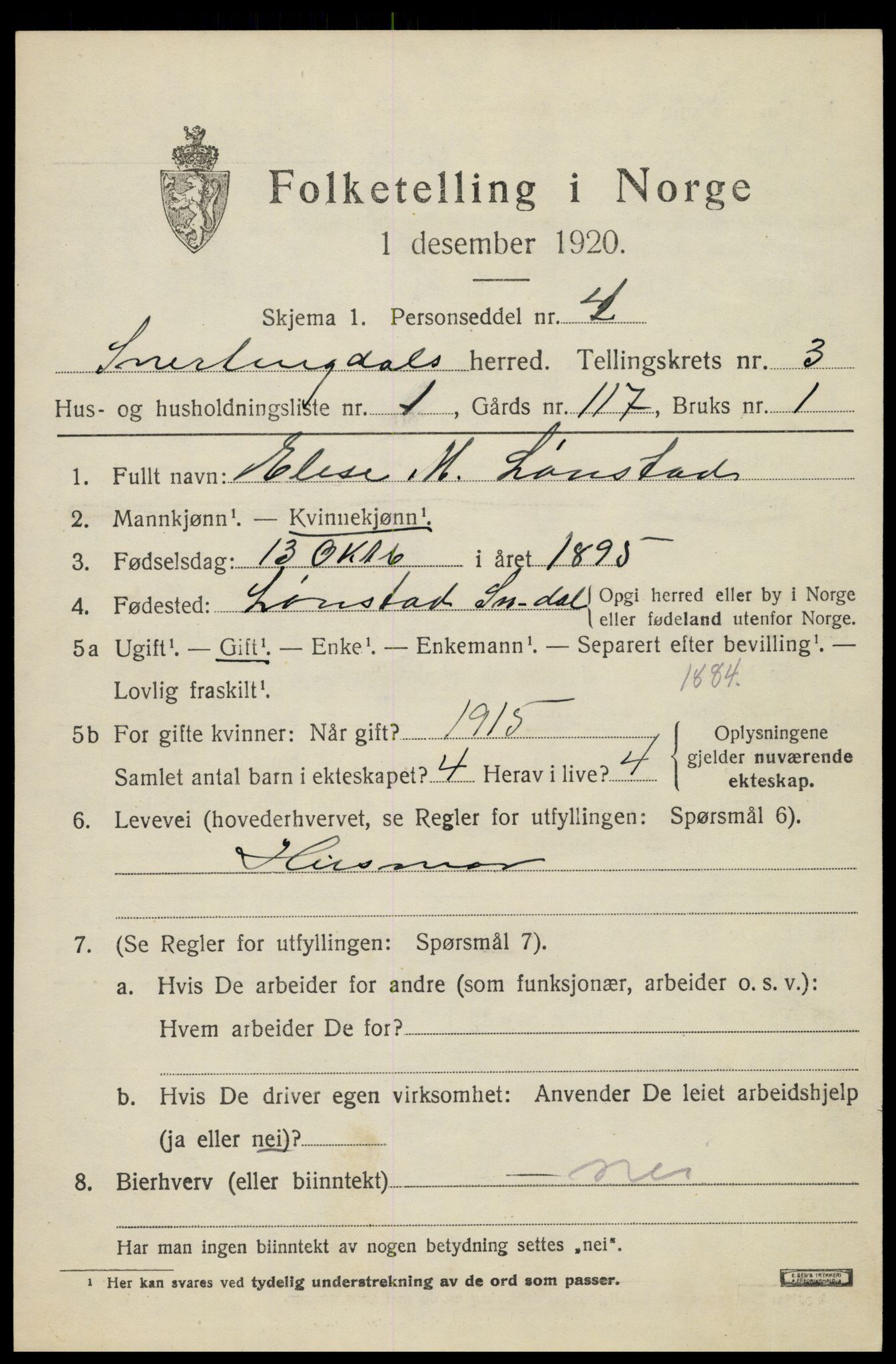 SAH, 1920 census for Snertingdal, 1920, p. 2603