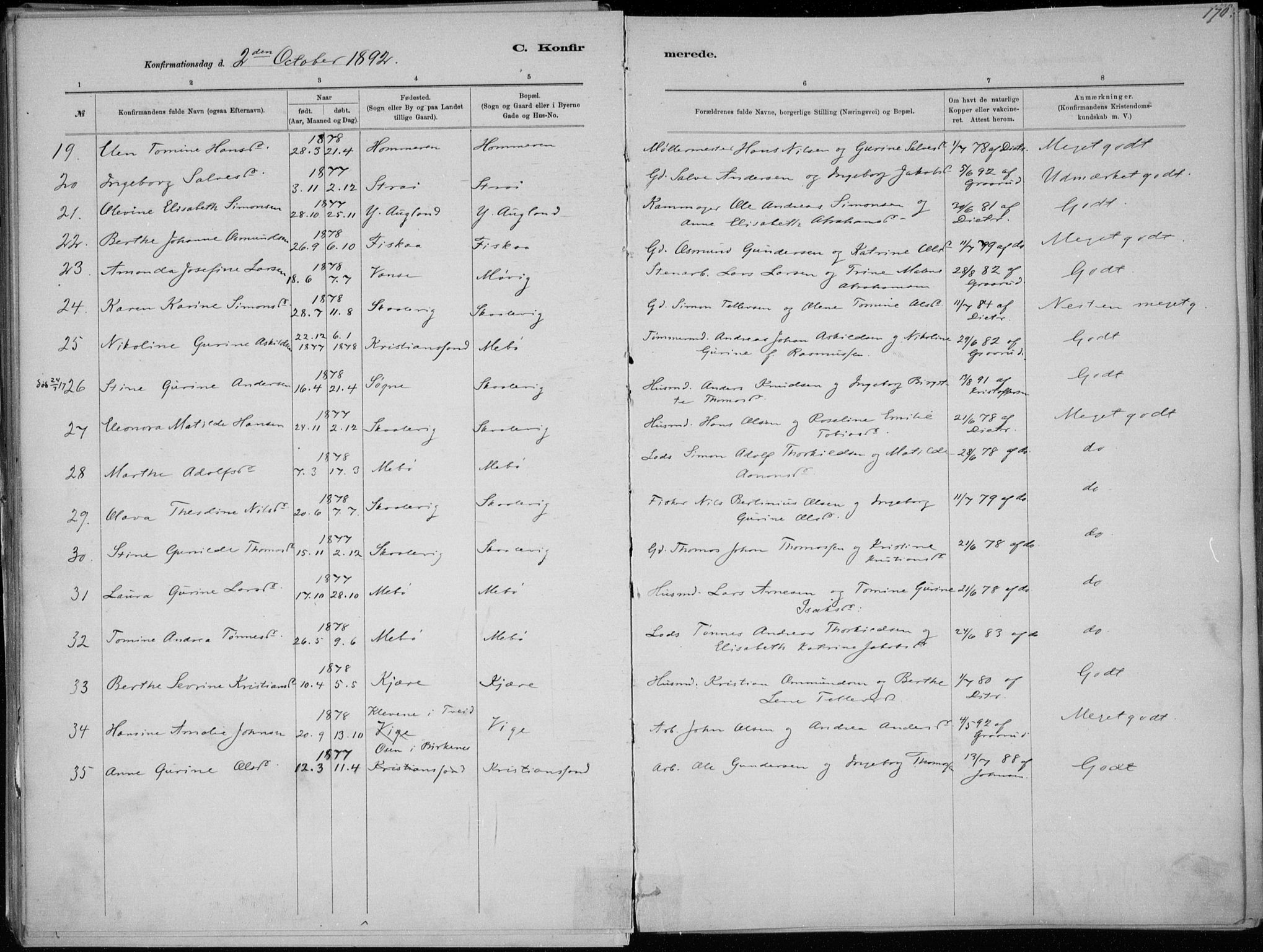 Oddernes sokneprestkontor, SAK/1111-0033/F/Fa/Faa/L0009: Parish register (official) no. A 9, 1884-1896, p. 170
