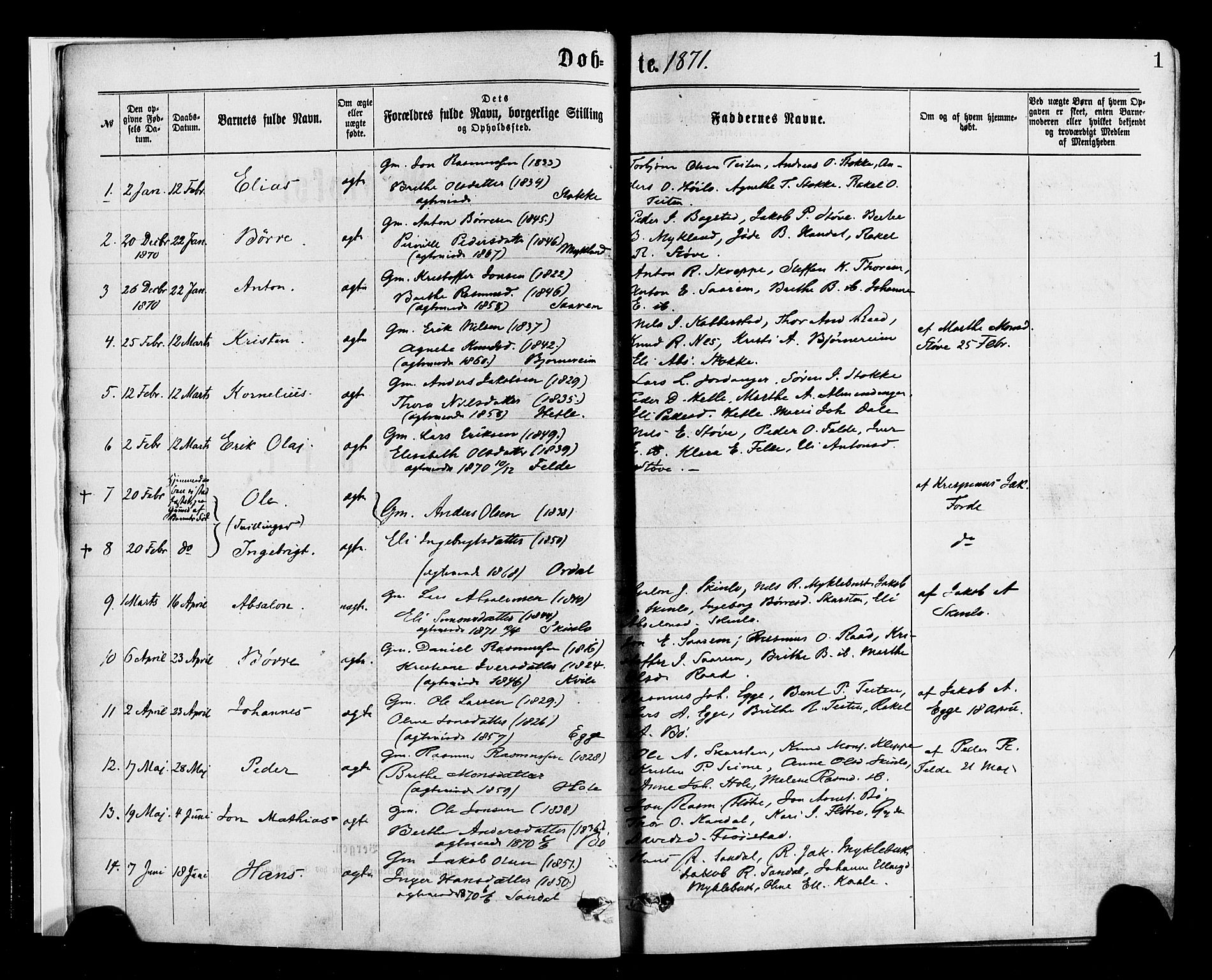 Gloppen sokneprestembete, SAB/A-80101/H/Haa/Haac/L0001: Parish register (official) no. C 1, 1871-1886, p. 1