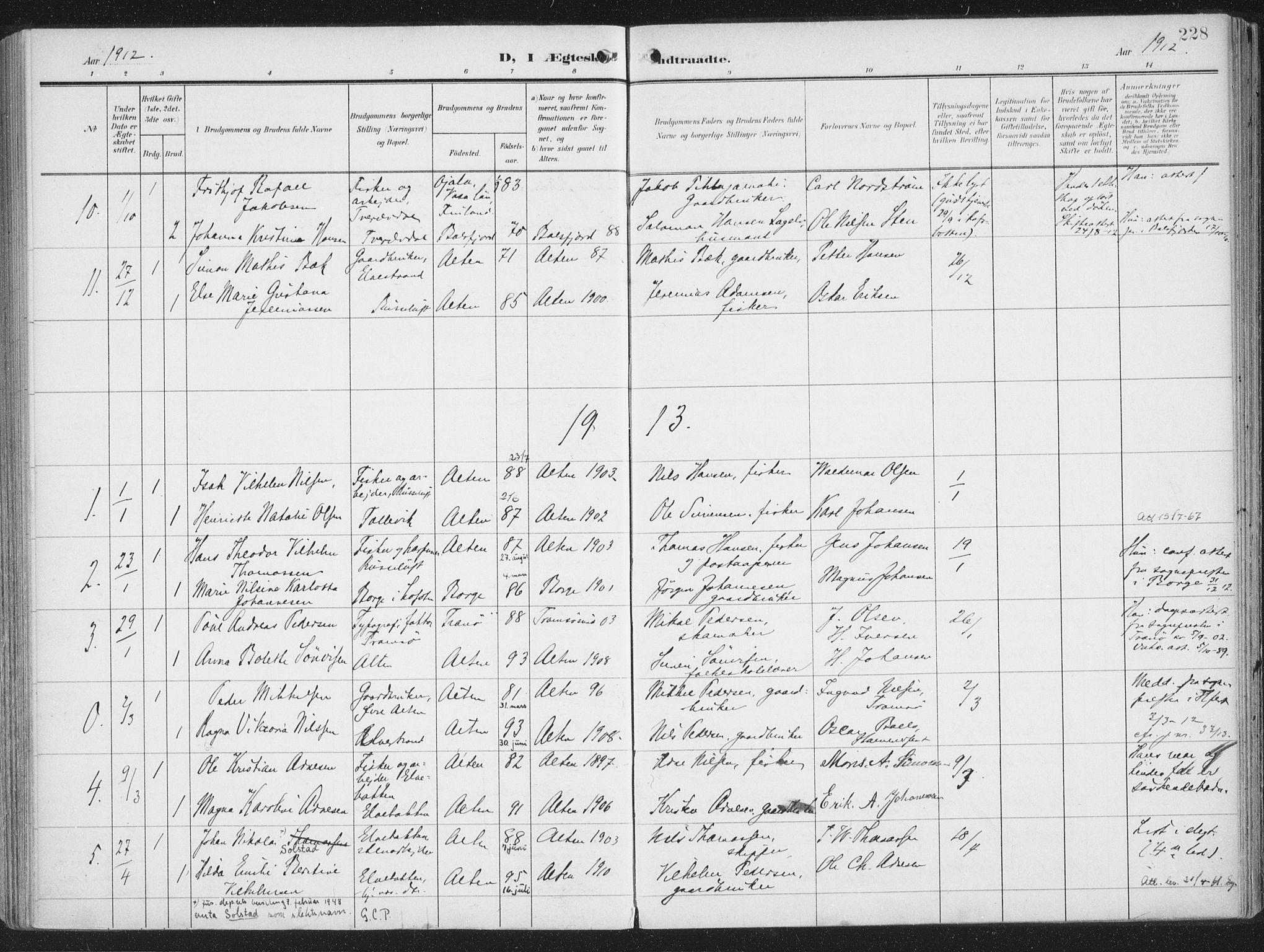 Alta sokneprestkontor, SATØ/S-1338/H/Ha/L0005.kirke: Parish register (official) no. 5, 1904-1918, p. 228