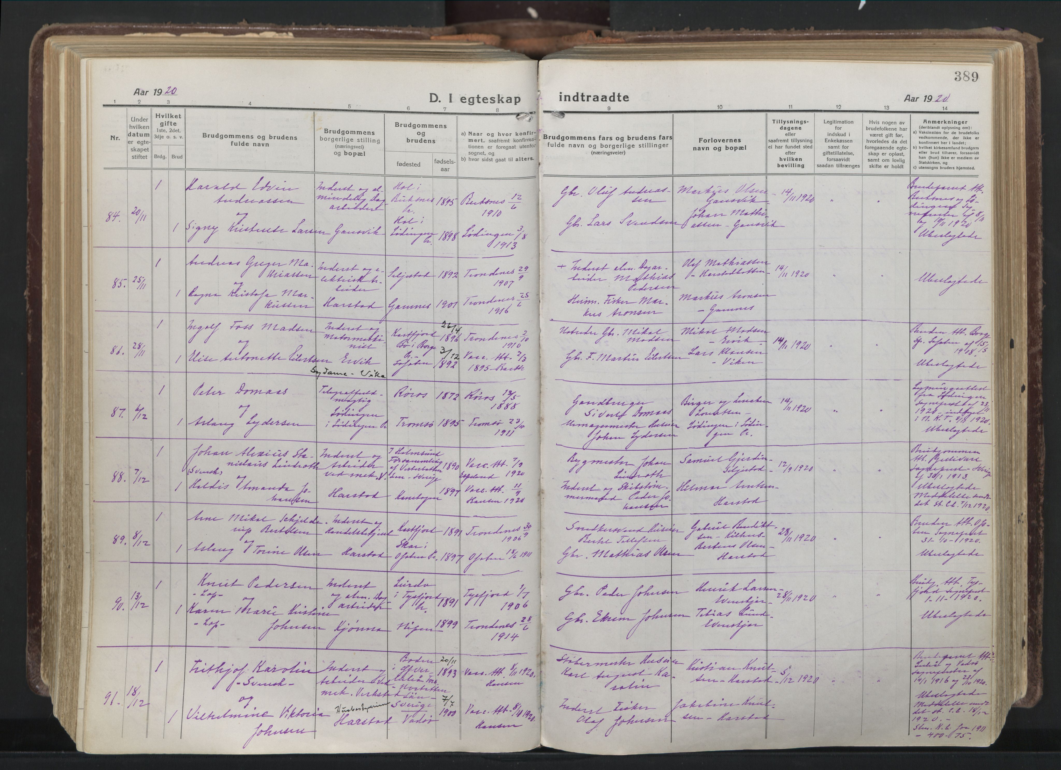 Trondenes sokneprestkontor, AV/SATØ-S-1319/H/Ha/L0019kirke: Parish register (official) no. 19, 1919-1928, p. 389