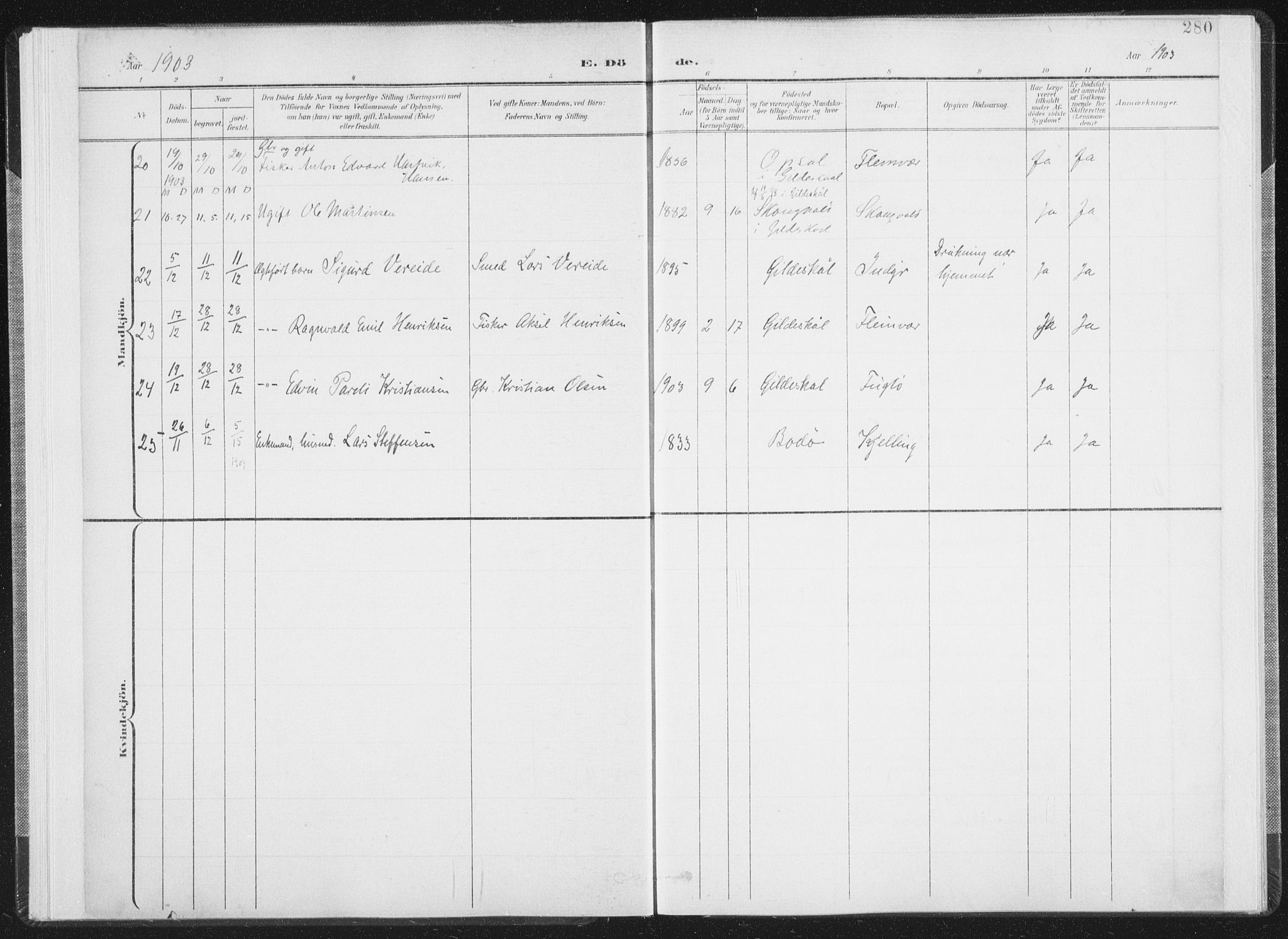 Ministerialprotokoller, klokkerbøker og fødselsregistre - Nordland, AV/SAT-A-1459/805/L0103: Parish register (official) no. 805A08II, 1900-1909, p. 280