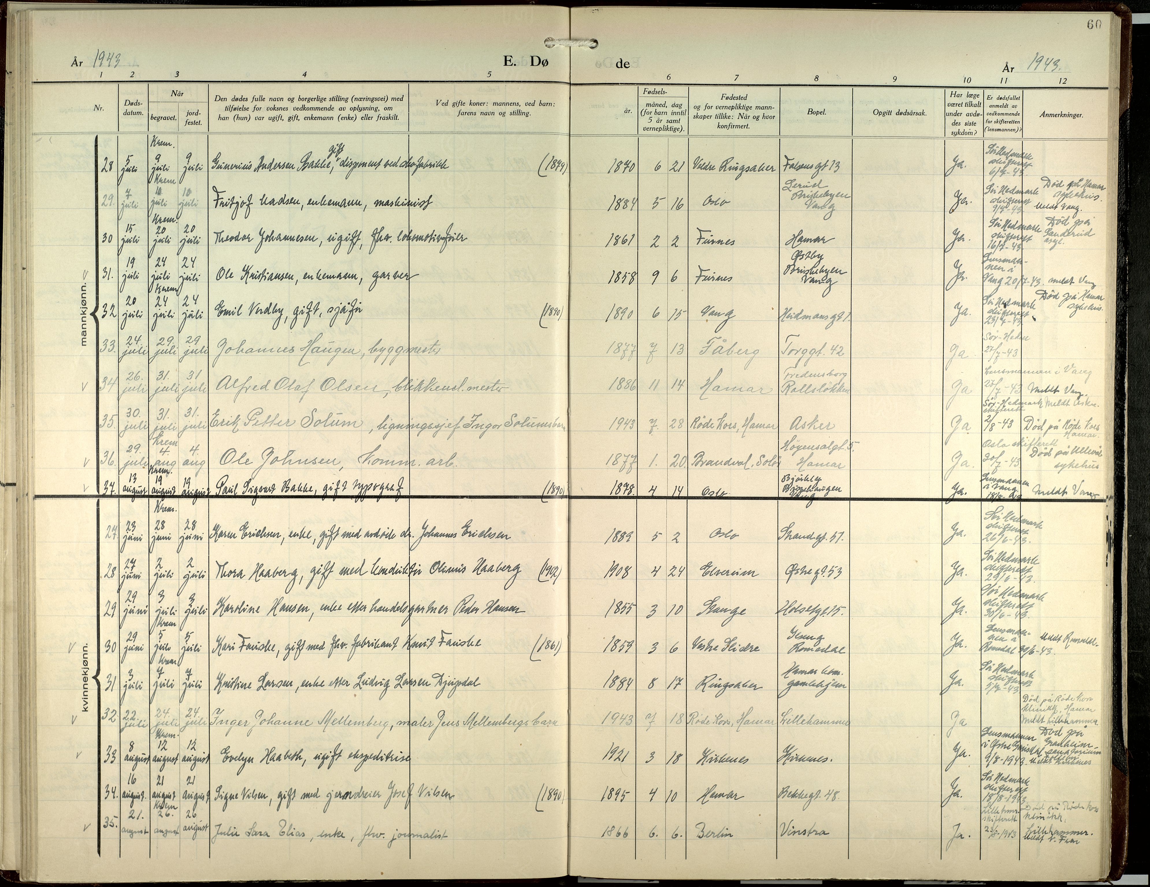 Hamar prestekontor, SAH/DOMPH-002/H/Ha/Haa/L0007: Parish register (official) no. 7, 1933-1953, p. 60