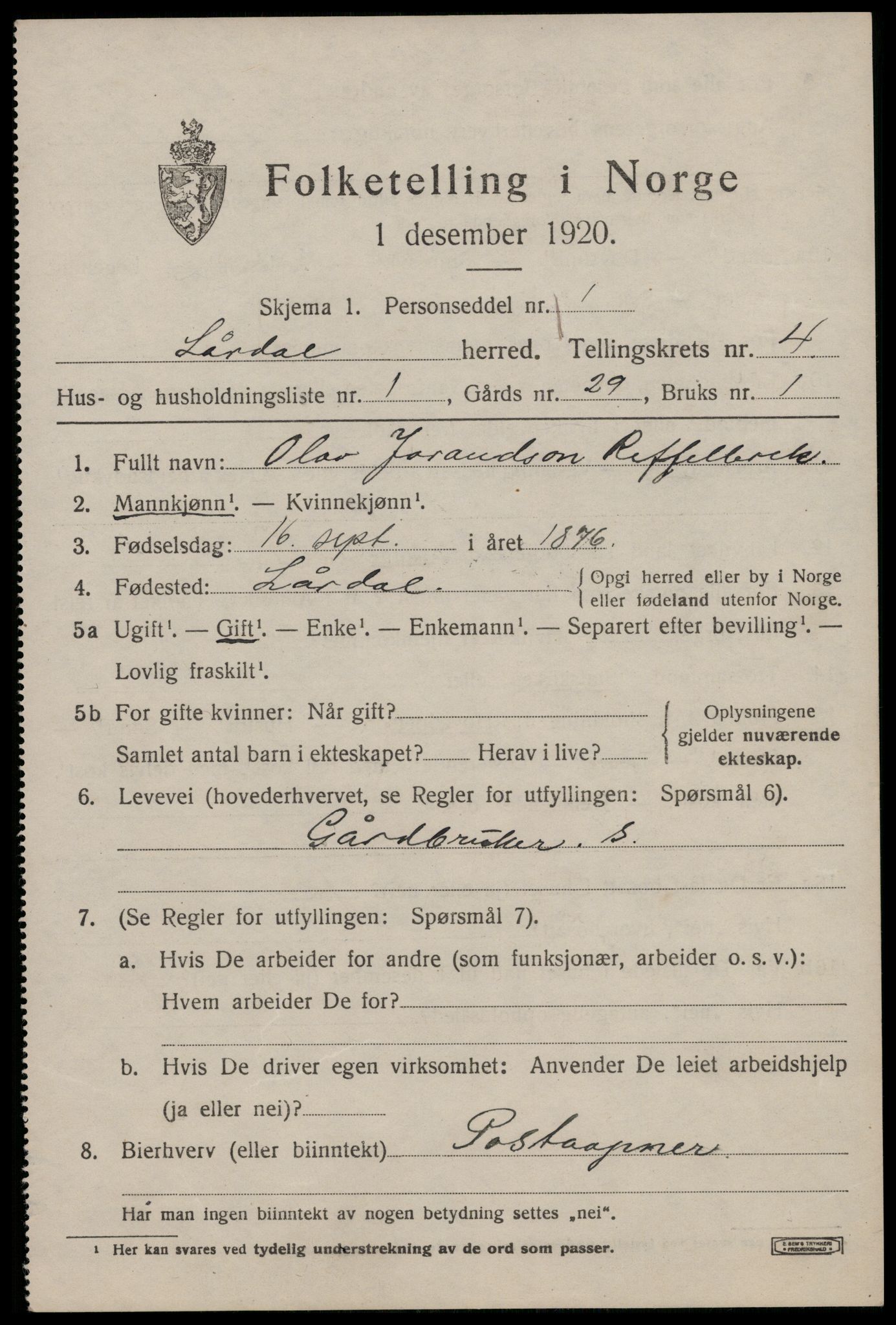 SAKO, 1920 census for Lårdal, 1920, p. 2141