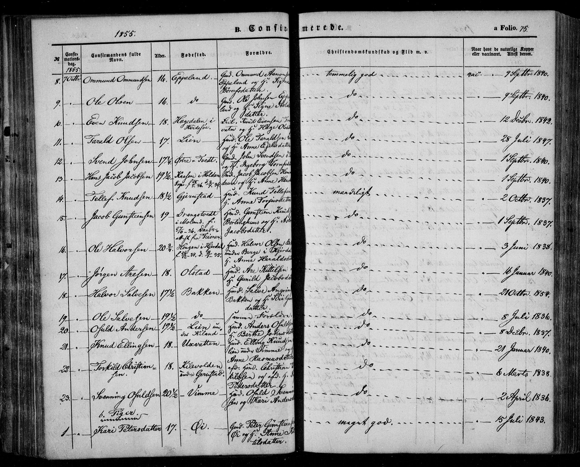 Åmli sokneprestkontor, AV/SAK-1111-0050/F/Fa/Fac/L0008: Parish register (official) no. A 8, 1852-1869, p. 75