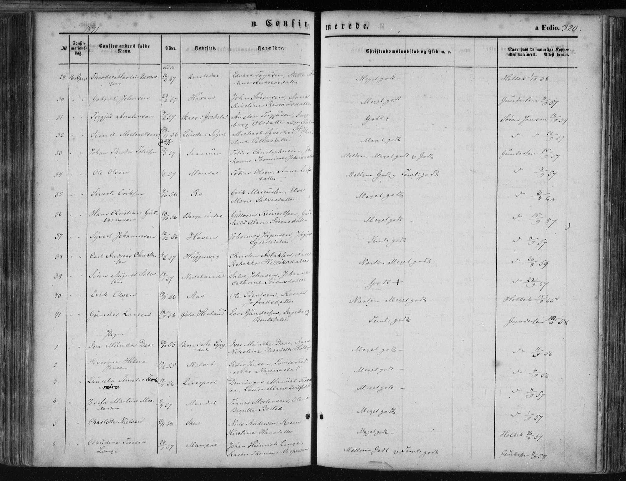 Mandal sokneprestkontor, AV/SAK-1111-0030/F/Fa/Faa/L0014: Parish register (official) no. A 14, 1859-1872, p. 320