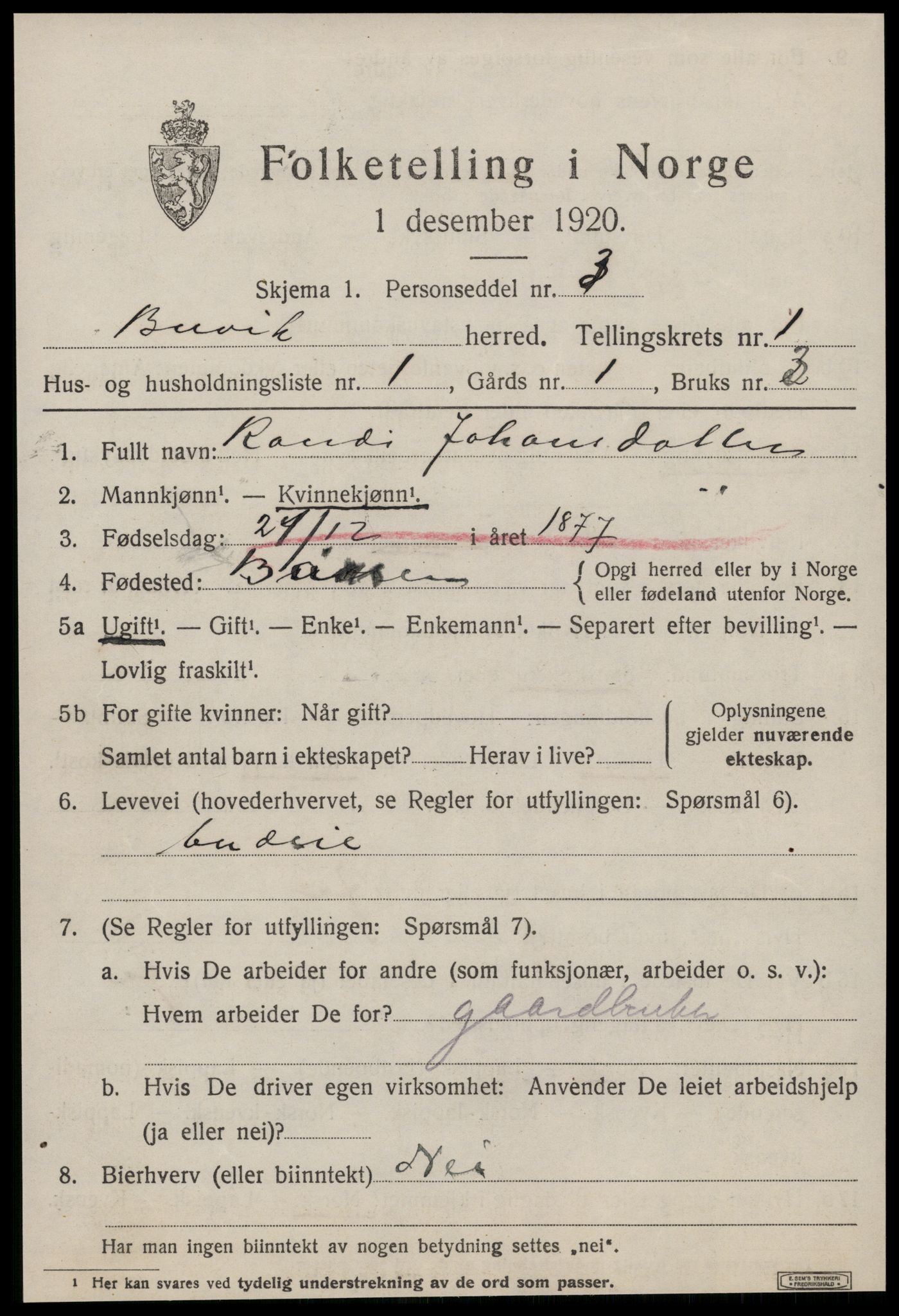 SAT, 1920 census for Buvik, 1920, p. 304