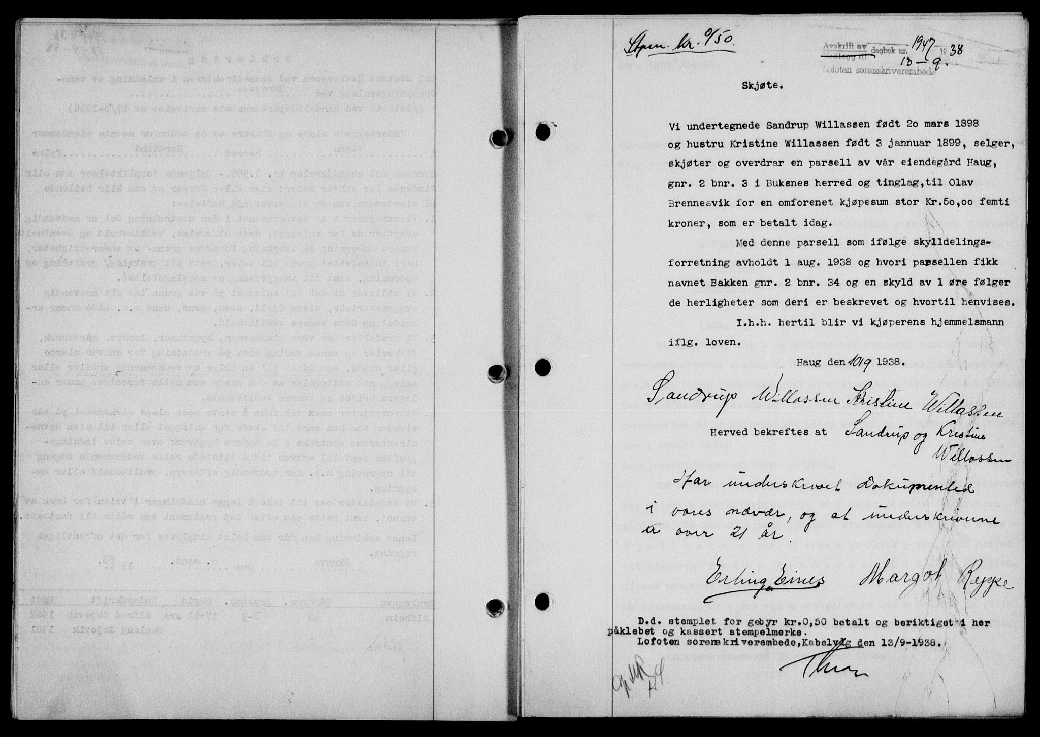 Lofoten sorenskriveri, SAT/A-0017/1/2/2C/L0004a: Mortgage book no. 4a, 1938-1938, Diary no: : 1947/1938