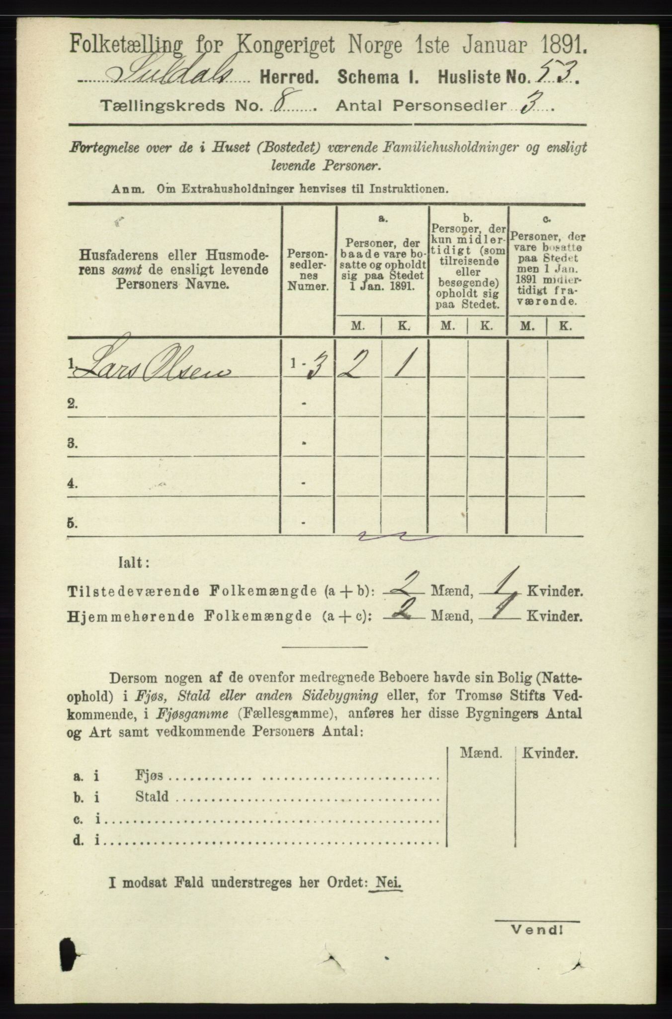 RA, 1891 census for 1134 Suldal, 1891, p. 2291