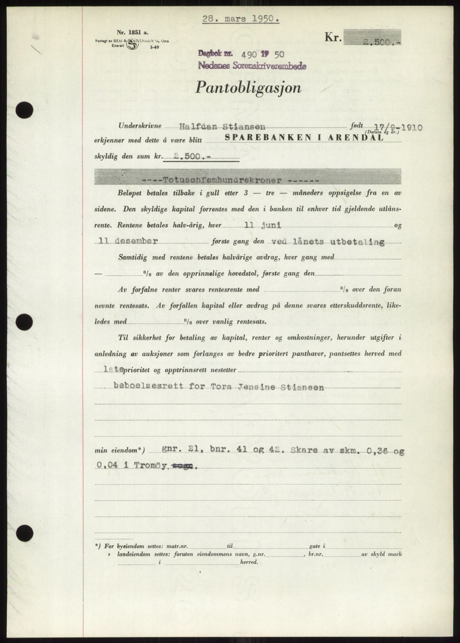 Nedenes sorenskriveri, AV/SAK-1221-0006/G/Gb/Gbb/L0007: Mortgage book no. B7, 1949-1950, Diary no: : 490/1950