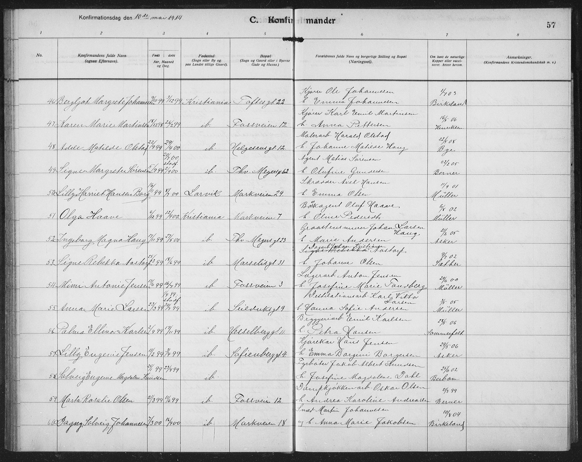 Paulus prestekontor Kirkebøker, AV/SAO-A-10871/F/Fa/L0022: Parish register (official) no. 22, 1912-1920, p. 57