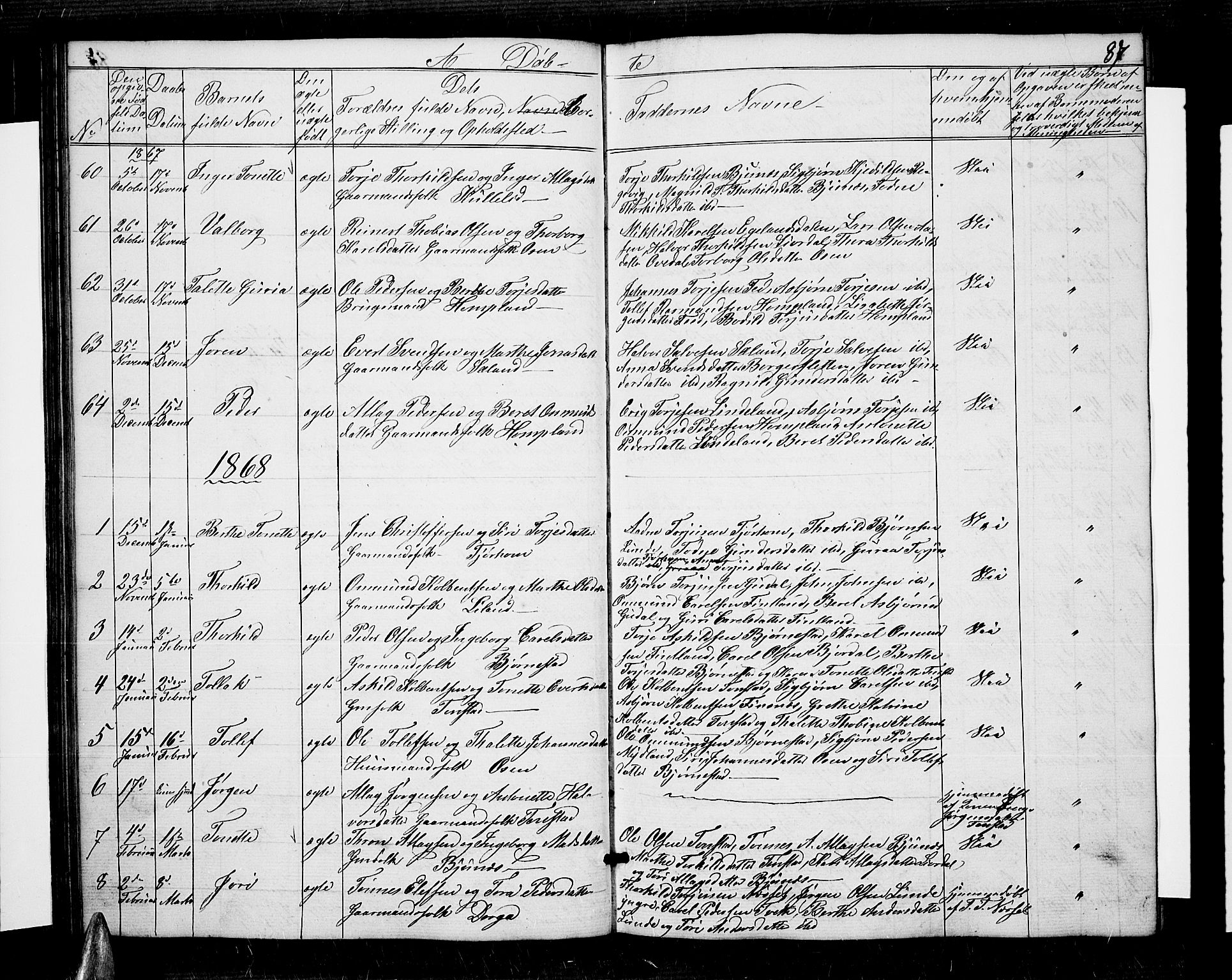 Sirdal sokneprestkontor, AV/SAK-1111-0036/F/Fb/Fbb/L0002: Parish register (copy) no. B 2, 1848-1878, p. 87