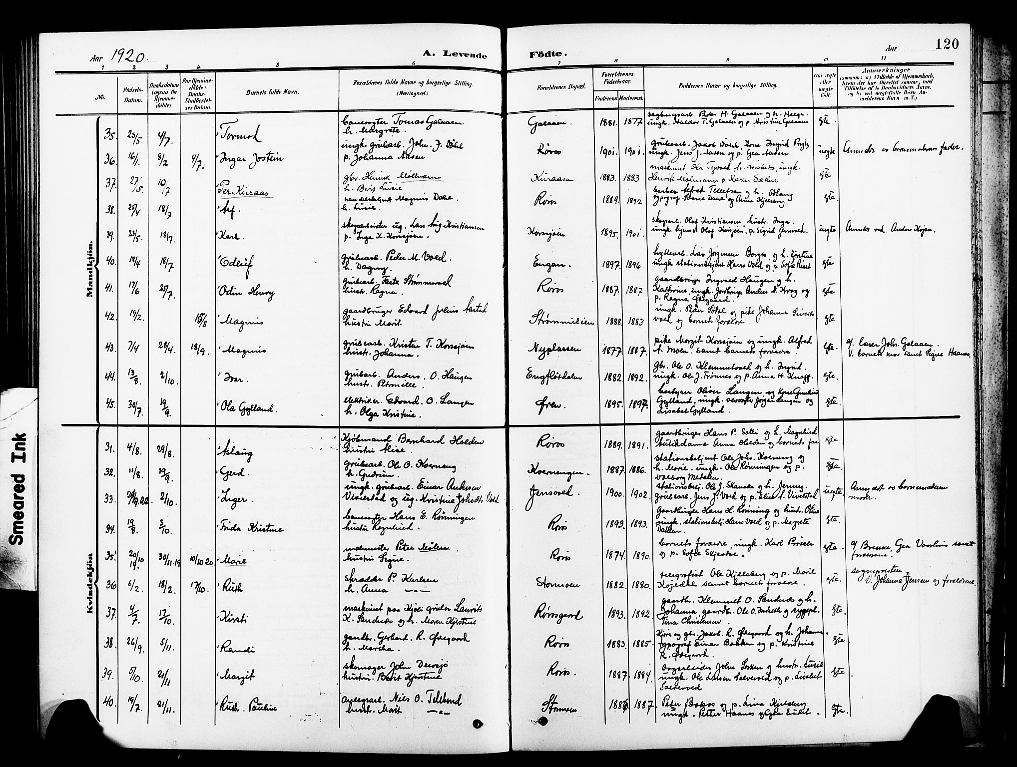 Ministerialprotokoller, klokkerbøker og fødselsregistre - Sør-Trøndelag, SAT/A-1456/681/L0942: Parish register (copy) no. 681C06, 1906-1925, p. 120