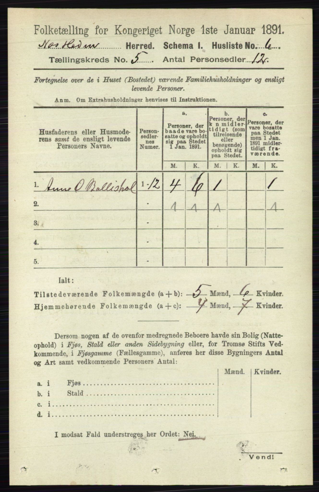 RA, 1891 census for 0411 Nes, 1891, p. 2526