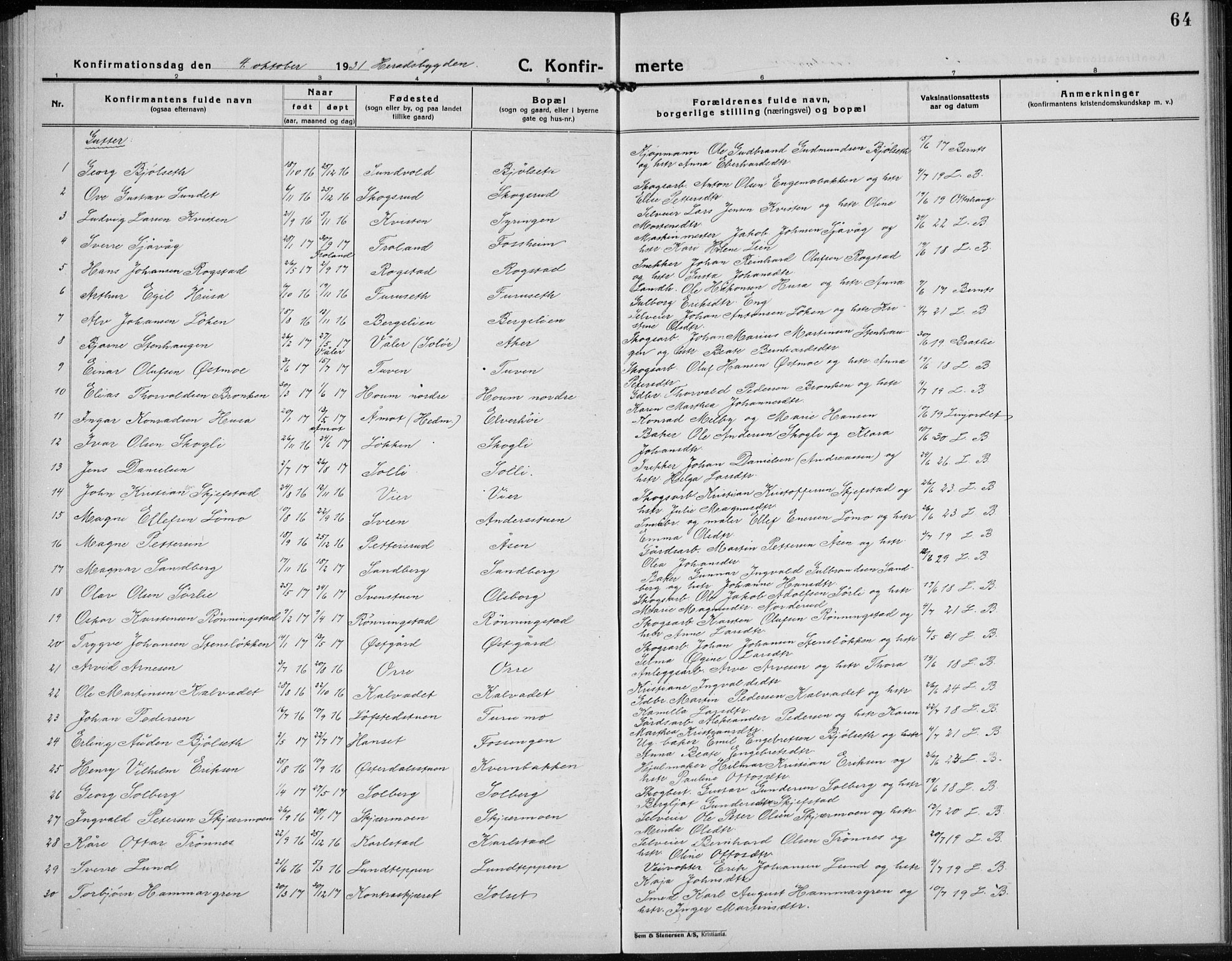 Elverum prestekontor, AV/SAH-PREST-044/H/Ha/Hab/L0032: Parish register (copy) no. 32, 1922-1936, p. 64