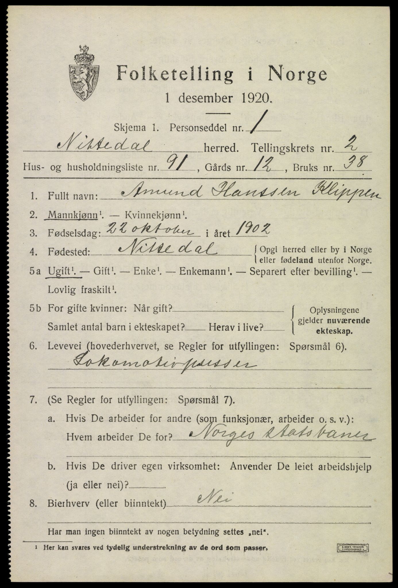 SAO, 1920 census for Nittedal, 1920, p. 2786