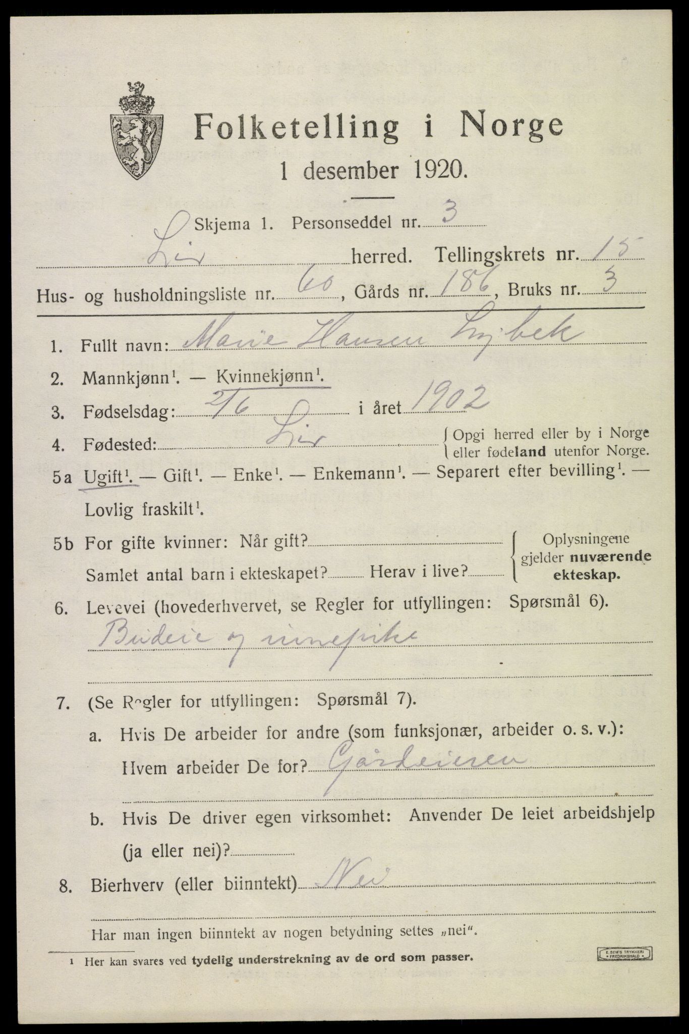 SAKO, 1920 census for Lier, 1920, p. 23276