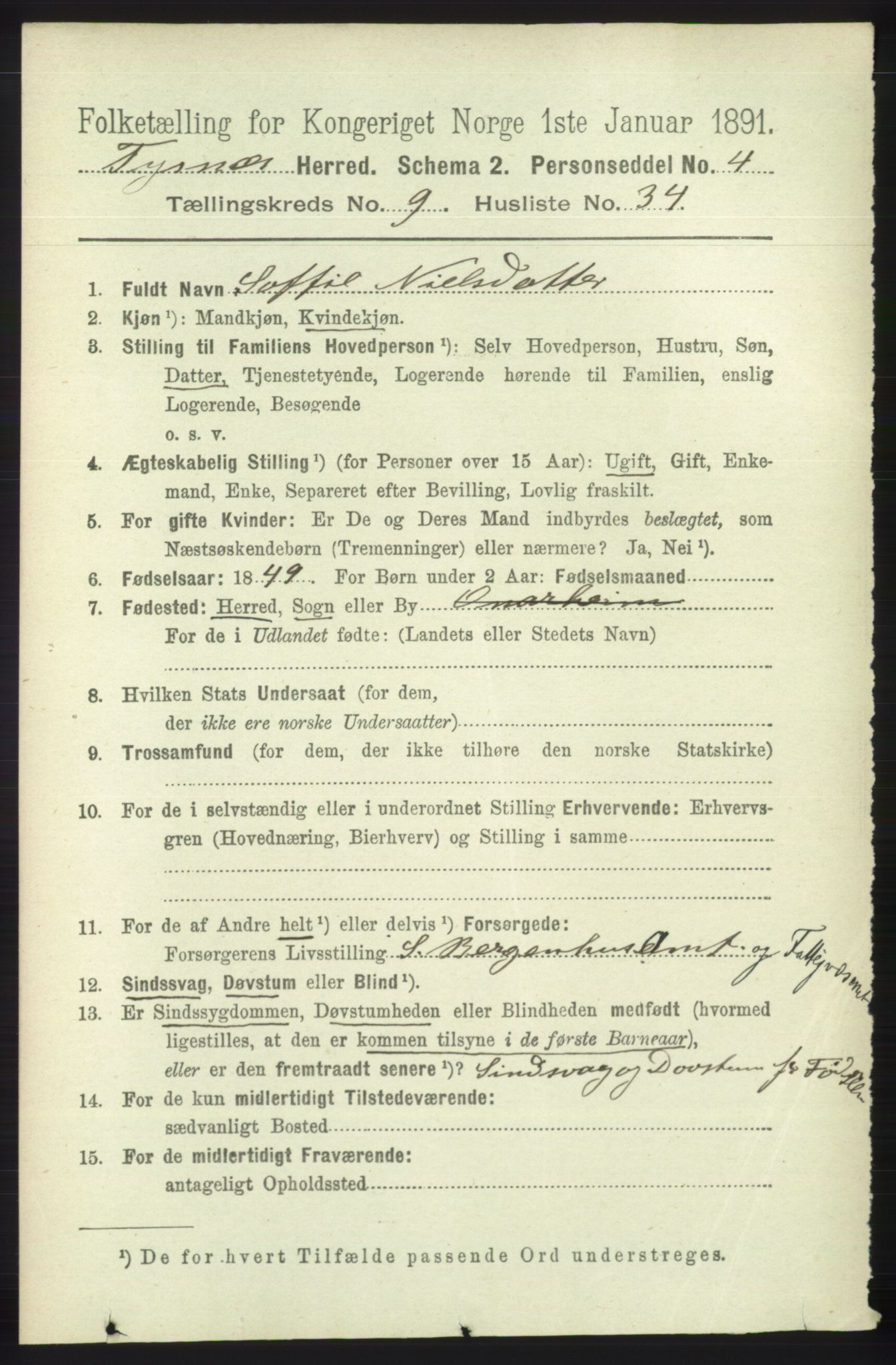 RA, 1891 census for 1223 Tysnes, 1891, p. 4410