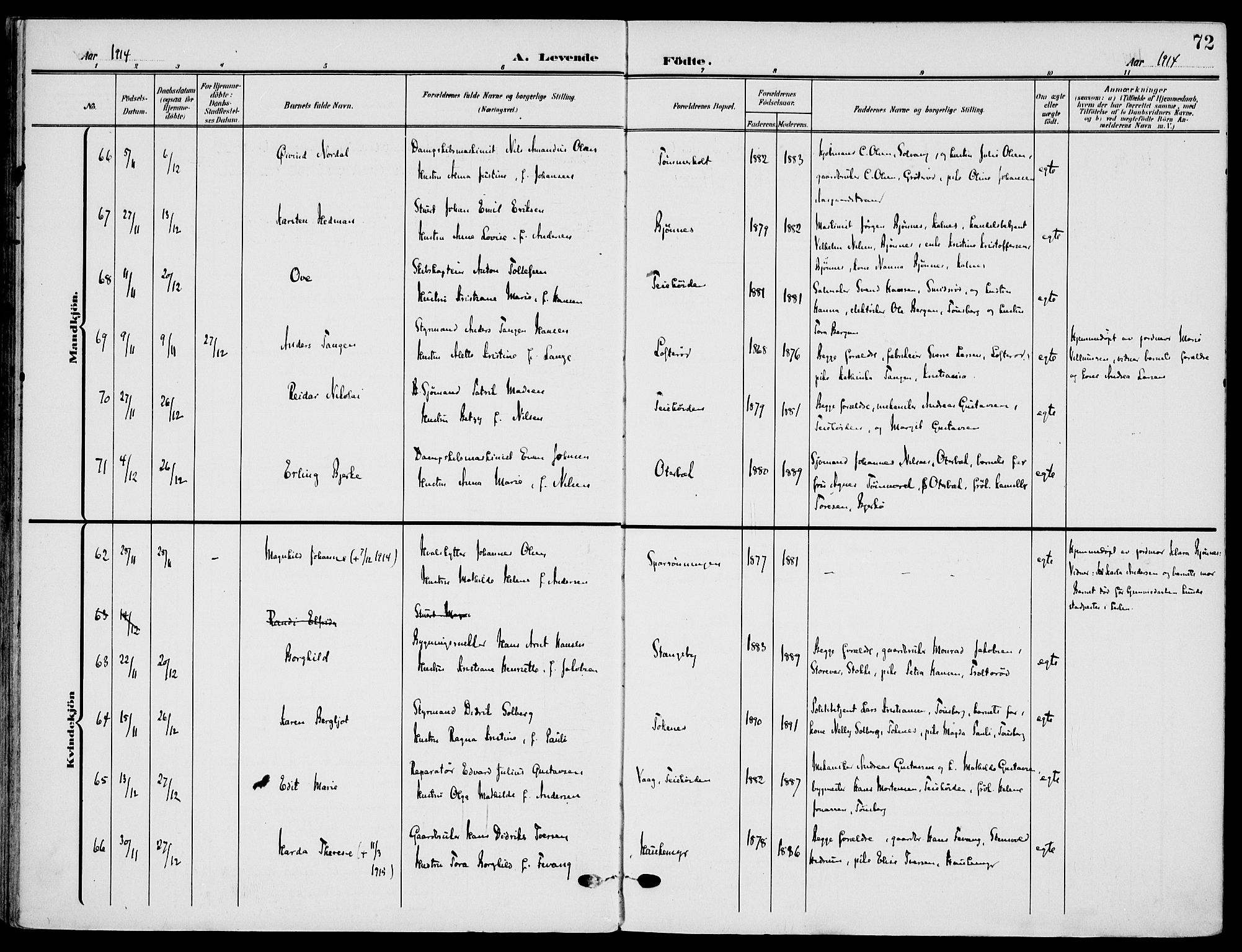 Nøtterøy kirkebøker, AV/SAKO-A-354/F/Fa/L0010: Parish register (official) no. I 10, 1908-1919, p. 72