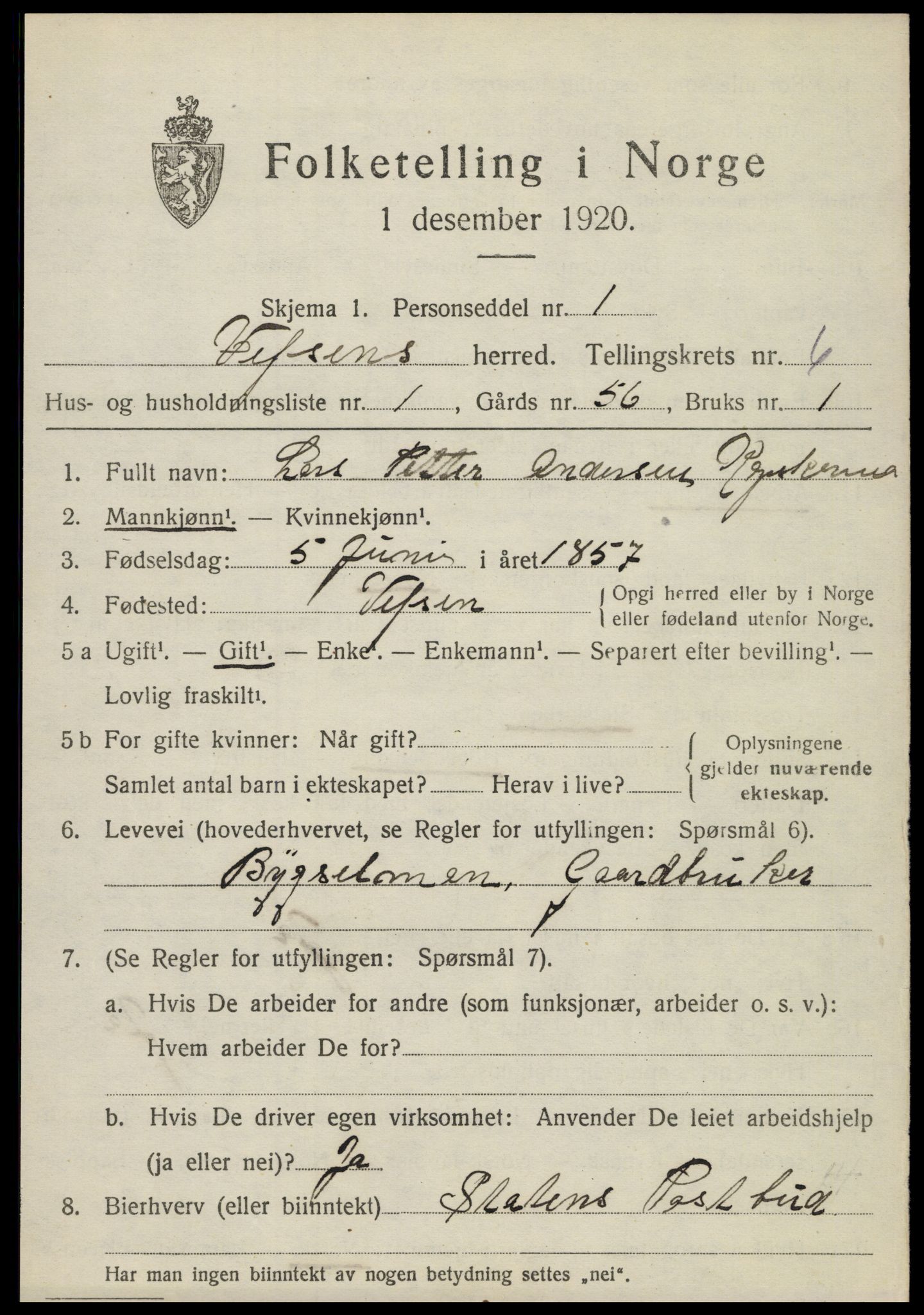 SAT, 1920 census for Vefsn, 1920, p. 4179